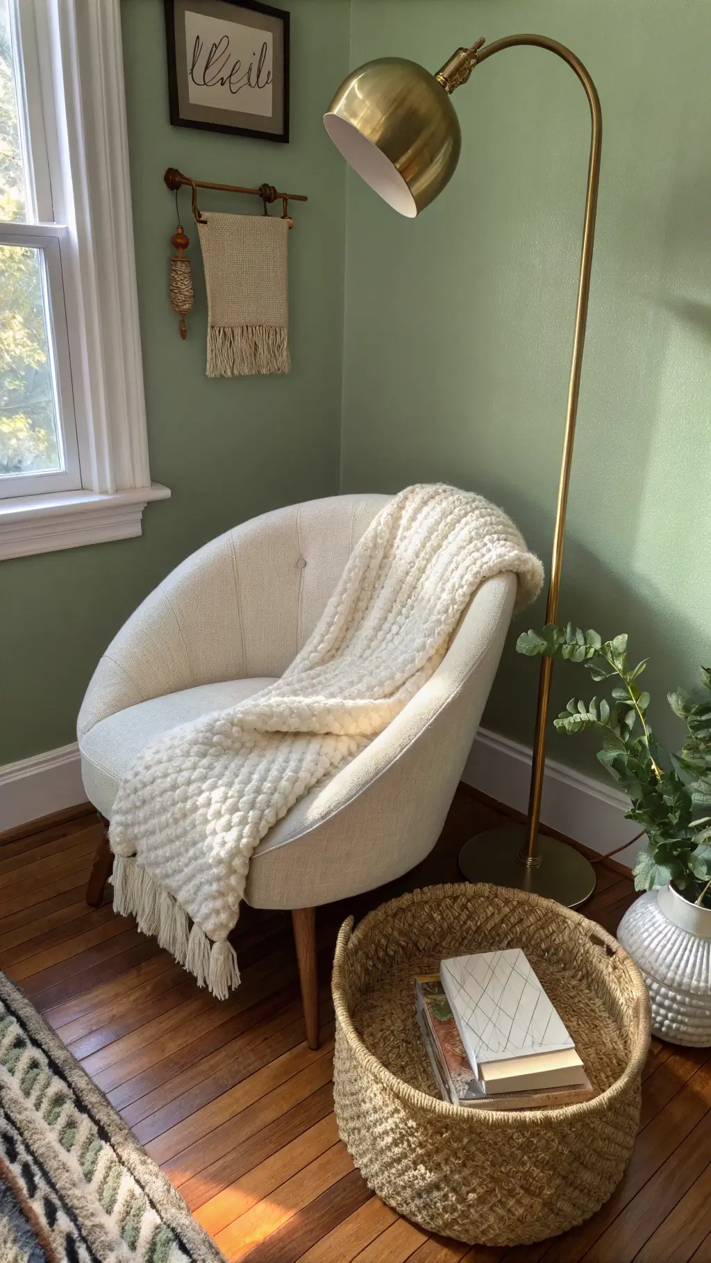 Ivory bouclé accent chair with a chunky cable-knit throw, next to a brass floor lamp on warm hardwood floors. A handwoven basket with rolled blankets sits nearby against sage green walls. Soft late afternoon shadows add depth.