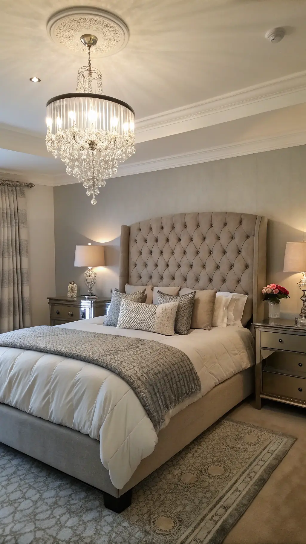 Master bedroom at blue hour with tufted grey headboard, layered white and silver linens, crystal chandelier, and symmetrical nightstands with mercury glass lamps and fresh peonies.