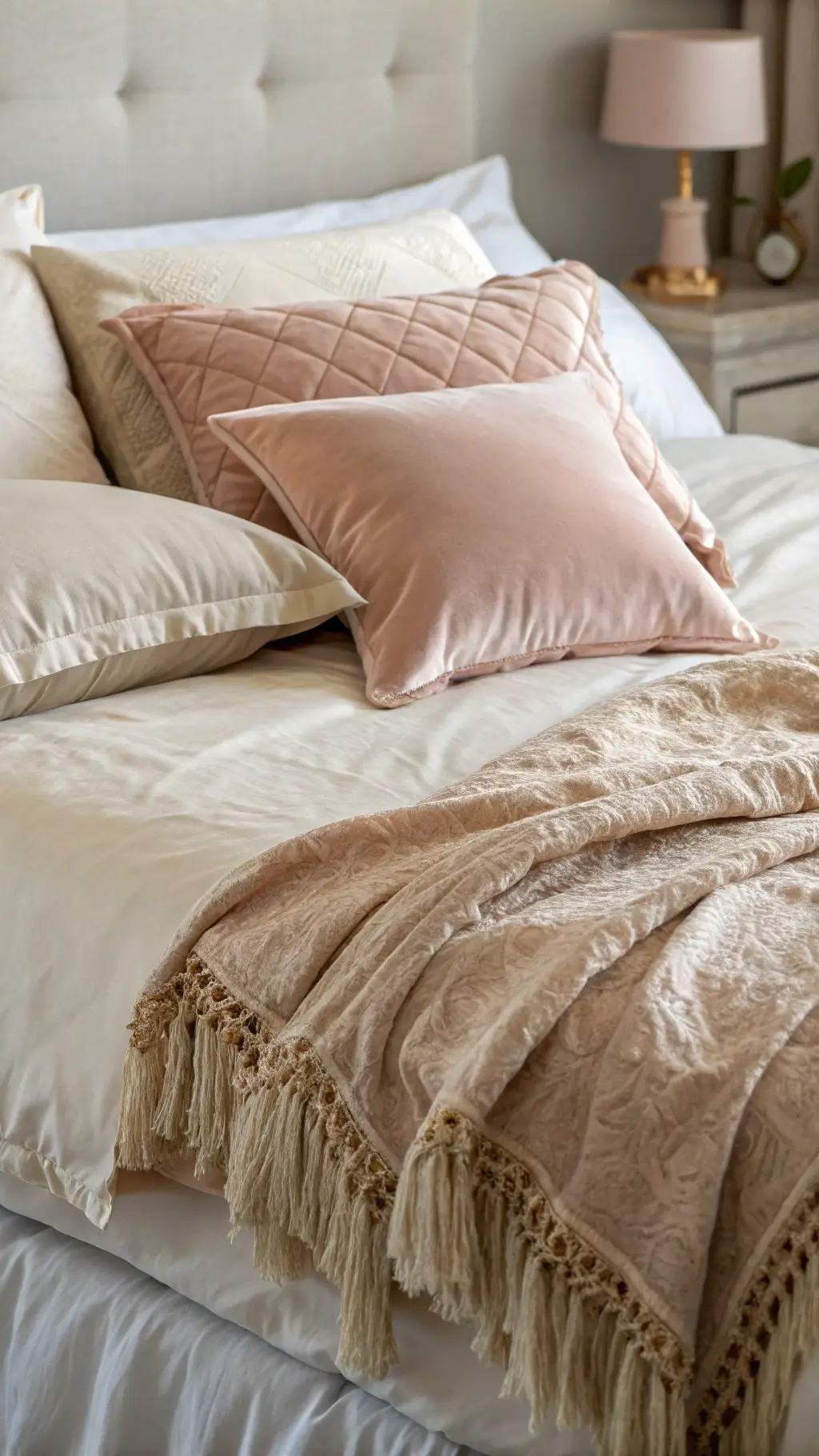 Close-up of an elevated bed showcasing layered textures: silk pillowcases, velvet euro shams, a linen duvet, and a mohair throw in soft cream and blush tones. Morning light highlights the rich textile details.