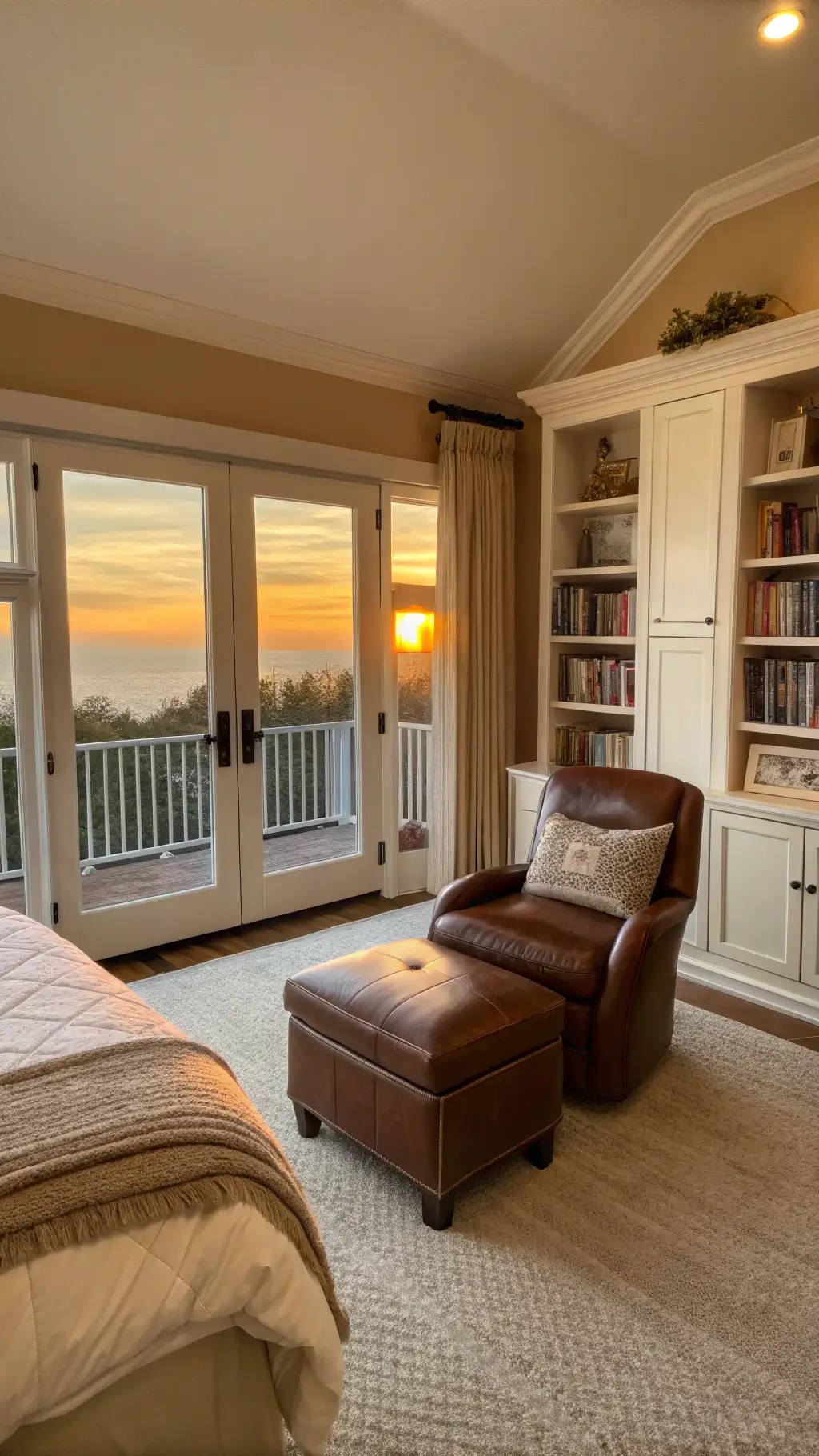 Wide-angle view of a sunset-lit 16x18ft bedroom with vanilla-toned walls, a leather reading chair and ottoman by built-in bookshelves, taupe and ivory bedding with metallic accents, and French doors opening to a Juliet balcony.
