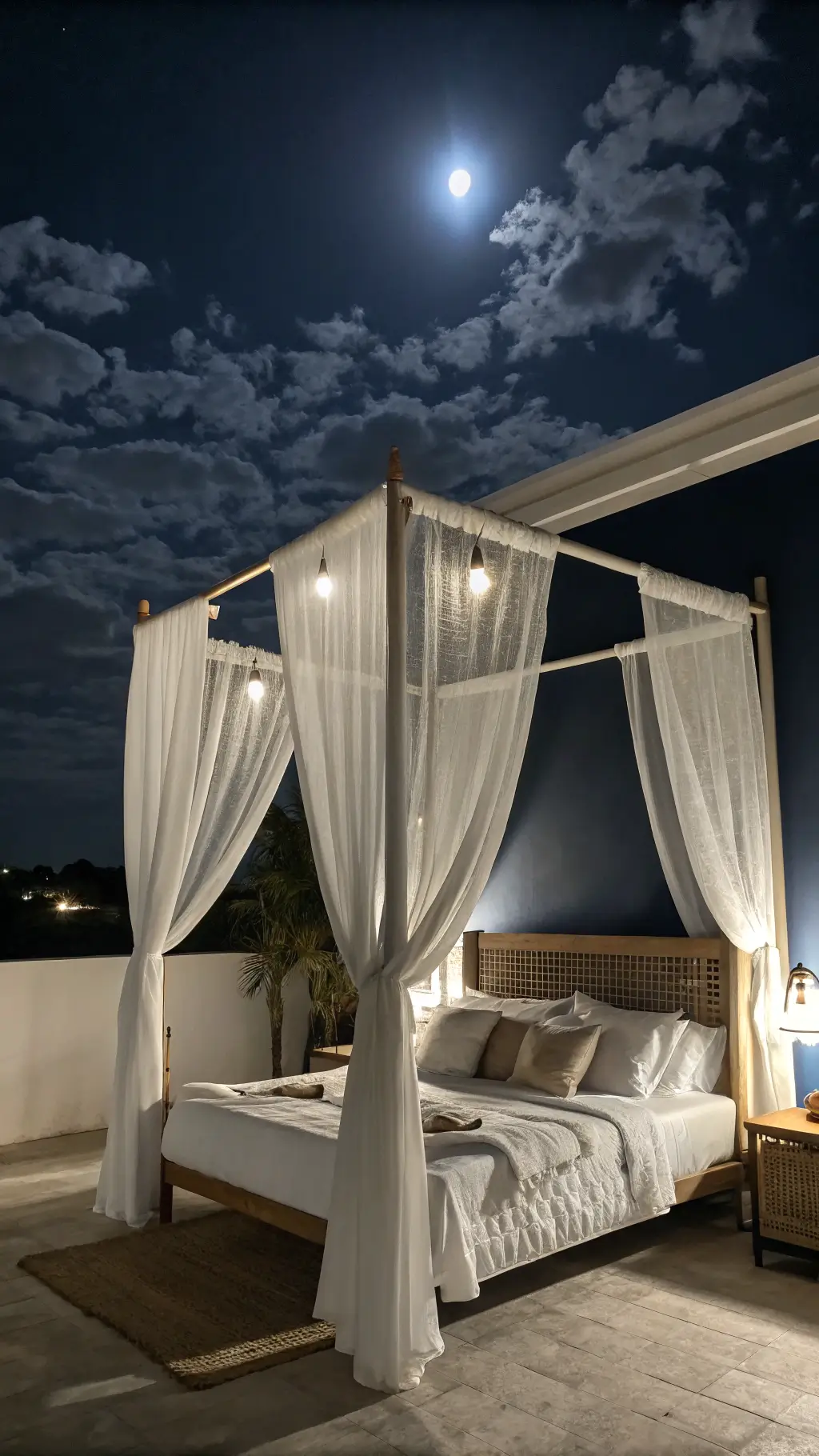 Moonlit bedroom with sheer white curtains, a glowing four-poster bed, and a dark navy accent wall, captured with long exposure for an ethereal effect.