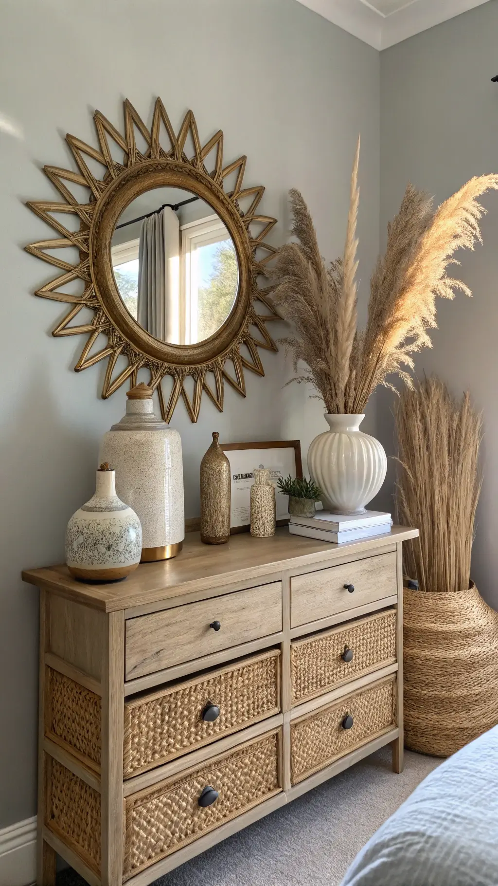 Vintage brass mirror above a bamboo console, styled with handmade ceramic vases and dried pampas grass. Warm wood tones contrast with soft grey walls, illuminated by natural morning light with a subtle lens flare.