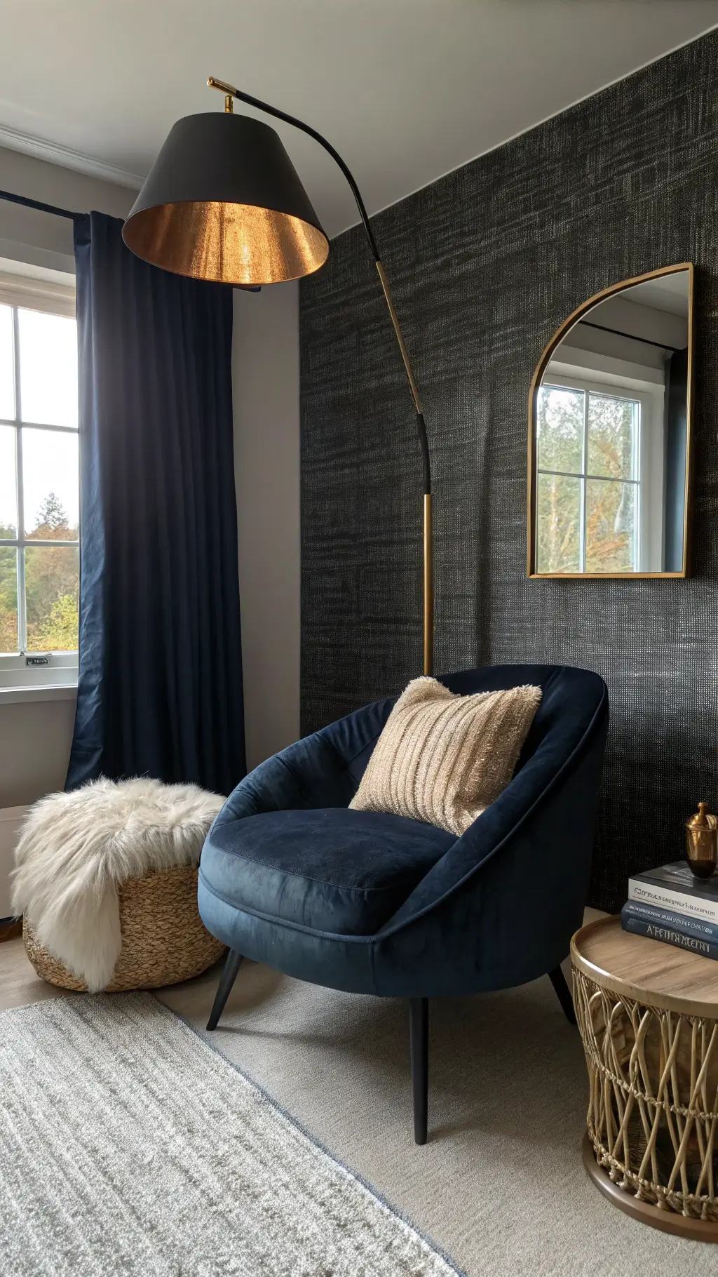 Intimate modern bedroom corner at golden hour with a black reading lamp, slate velvet armchair, and textured black grasscloth wallpaper. A round <a href=