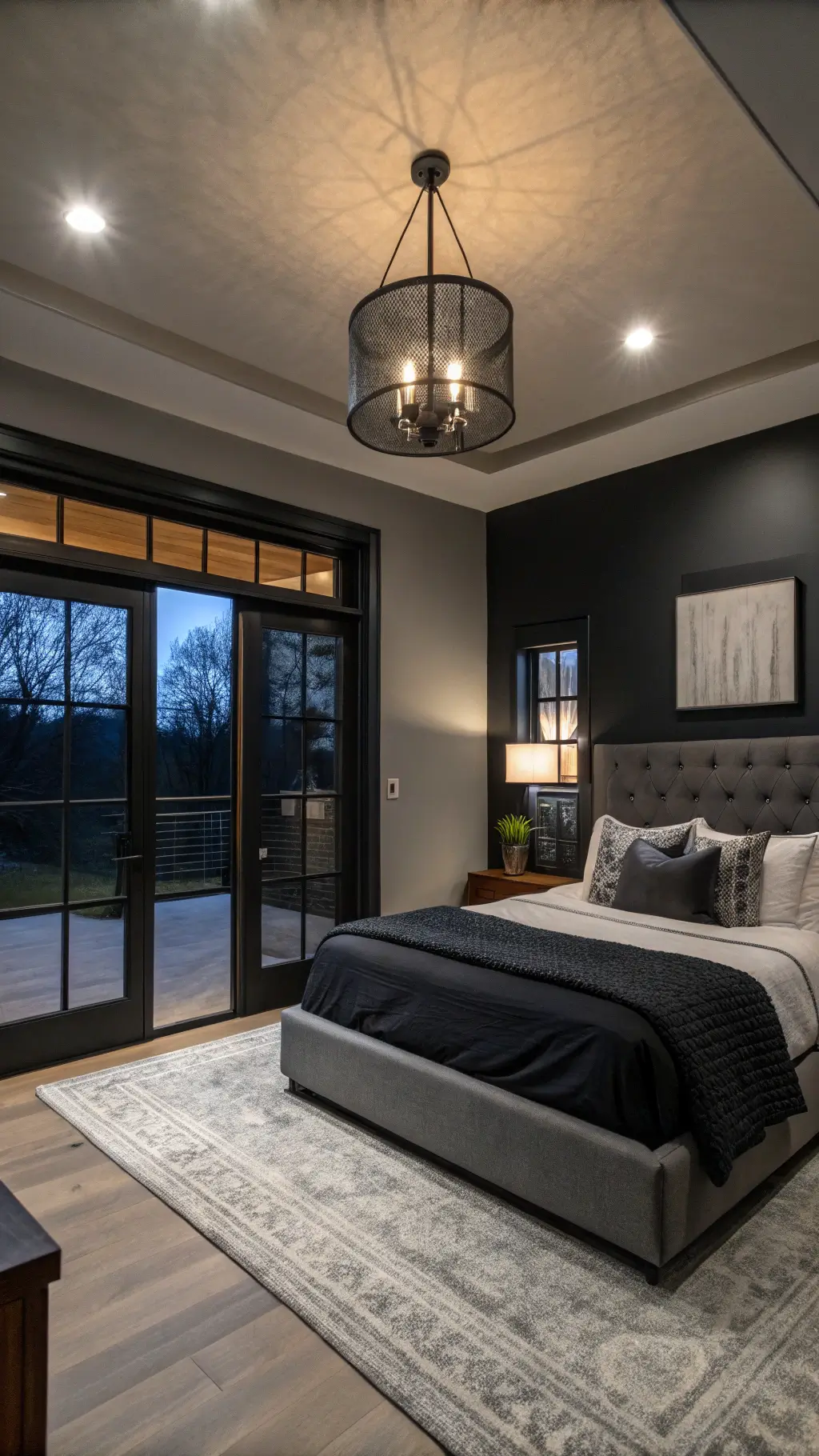 Dramatic bedroom at dusk with a 10ft charcoal ceiling, obsidian linen king bed, gradient pillows, asymmetrical black metal pendant light, and floor-to-ceiling mirrors reflecting the indigo sky. Matte black built-in <a href=