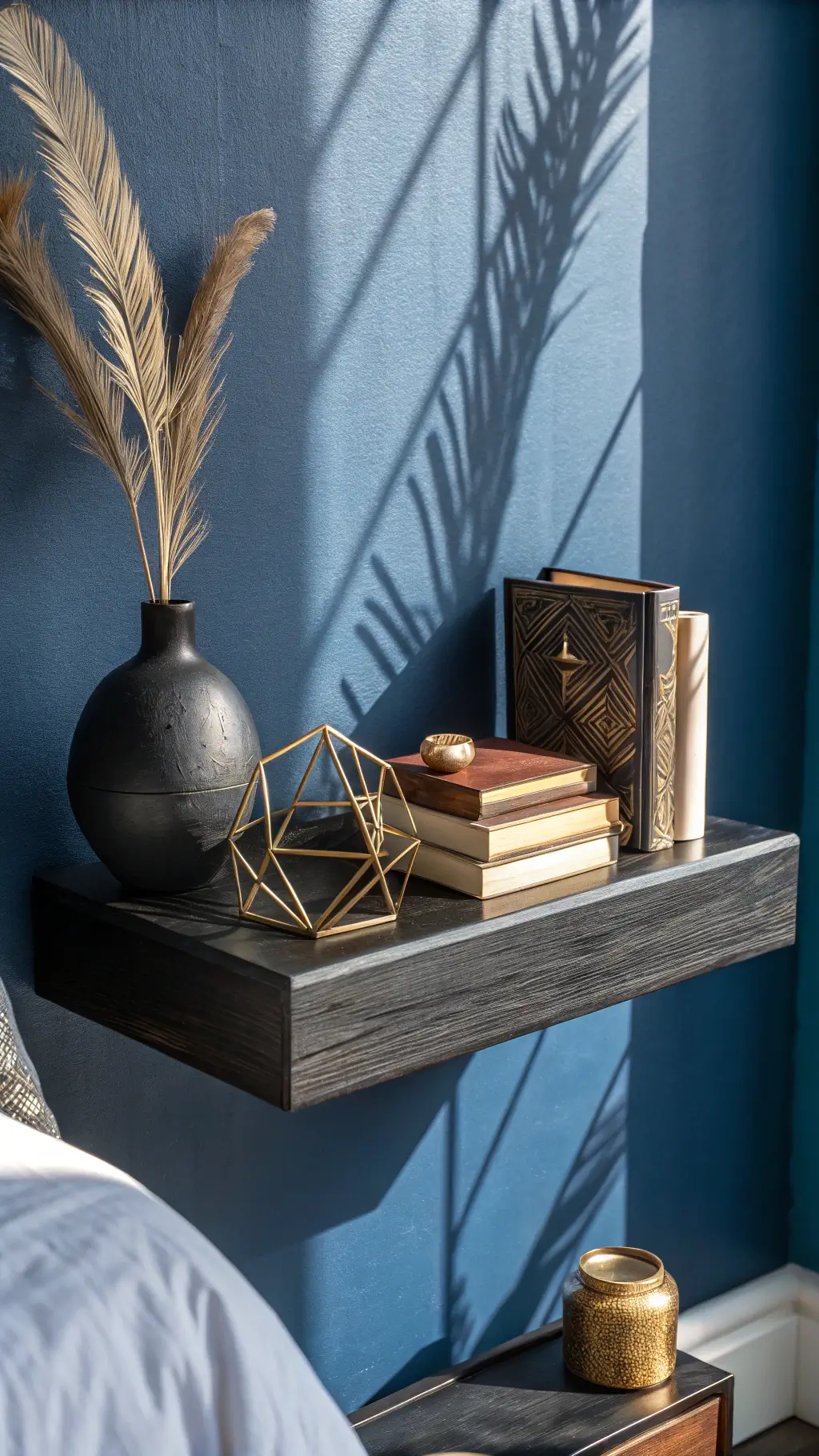 Minimalist bedside scene with black stained oak floating shelf against deep navy wall, featuring matte black ceramic vase with dried palm frond, leather-bound books, and geometric brass object. Morning light casts dramatic shadows across textured wall.