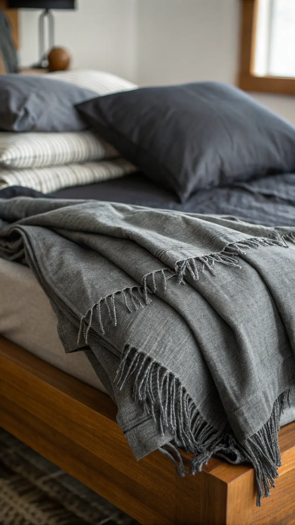 Close-up of layered bedding in morning light, featuring a charcoal linen duvet, black silk pillowcases, and a slate gray cashmere throw with contrast stitching. The fabrics' textures are highlighted by soft side lighting, with an ebonized oak platform <a href=