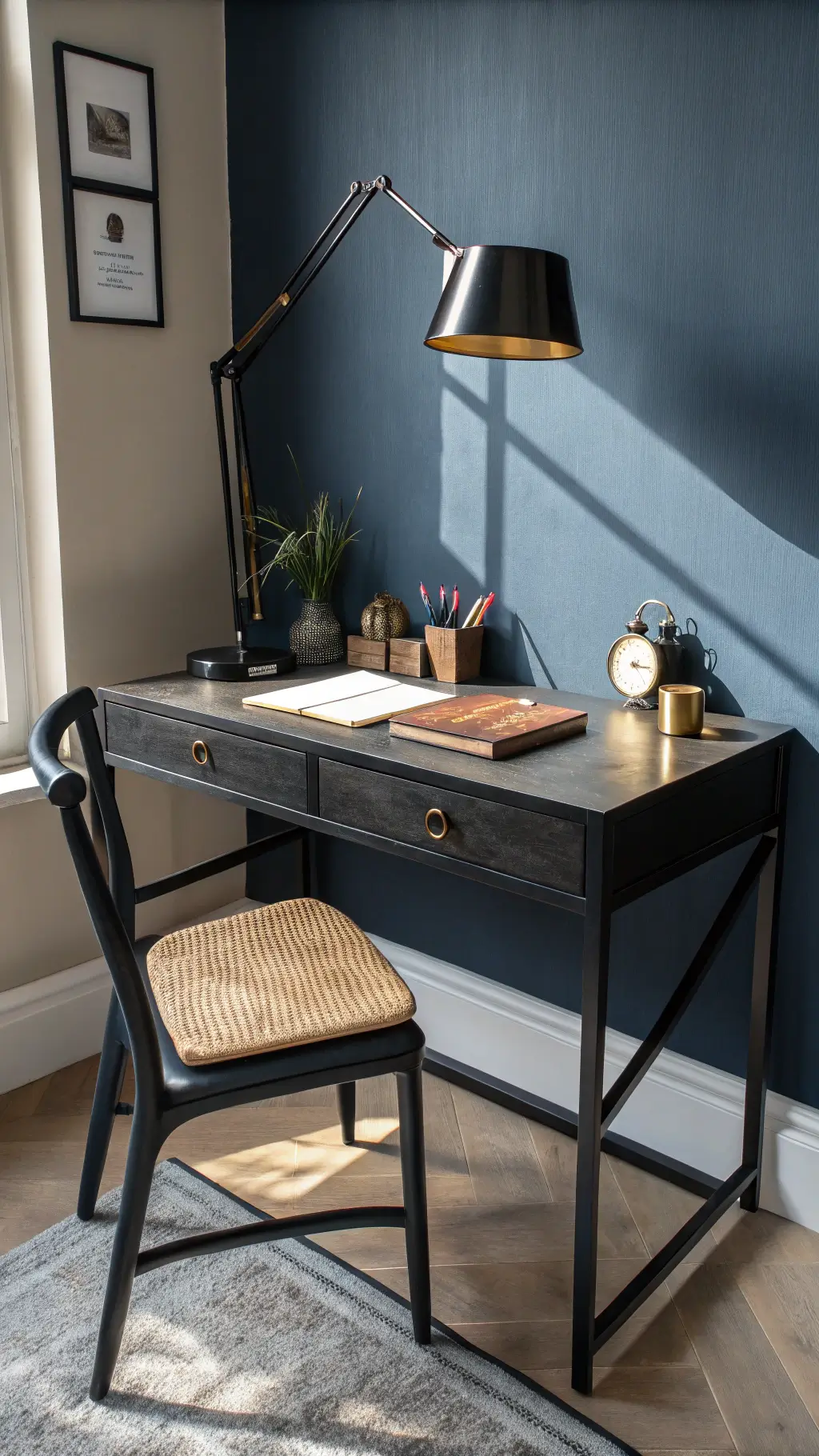 Bedroom workspace nook with floating blackened steel desk and leather inlay, black frame chair with woven leather seat, and matte black task lamp. Navy grasscloth wall with dramatic afternoon shadows. <a href=