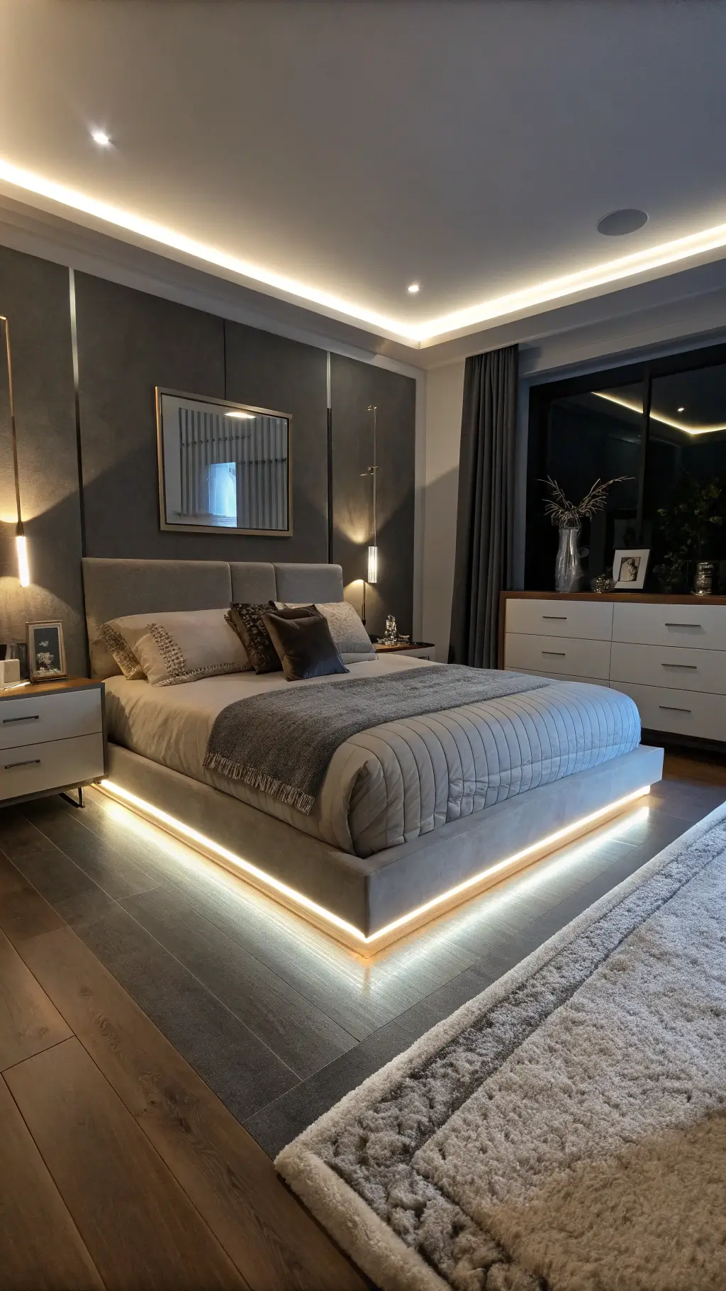 Pre-dawn bedroom with soft LED glow under a floating platform bed, metallic accents reflecting light, and dark walls appearing fluid. Layered lighting creates a dreamy, sophisticated ambiance. Ultra-wide perspective captures the entire room intimately.