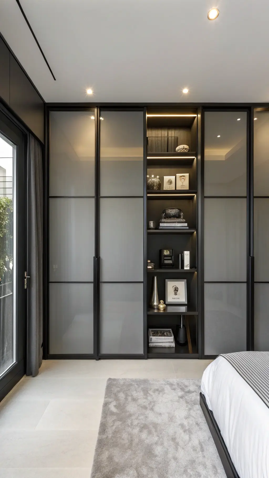 Floor-to-ceiling black lacquered wardrobes with invisible handles and frosted glass upper panels. A central open shelving section displays curated black, white, and metallic objects. Symmetrical composition with even lighting enhances the minimalist, luxurious aesthetic.