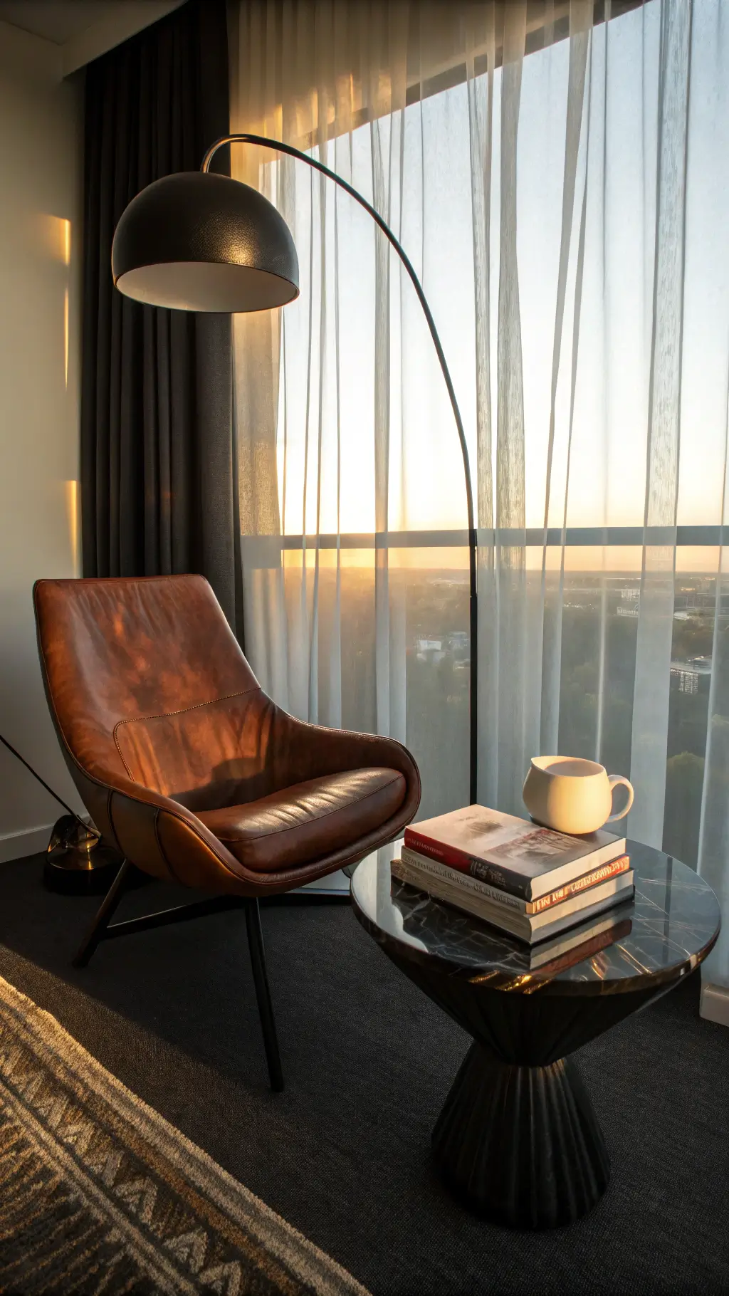 Bedroom reading corner at sunset with a vintage brown leather chair under a black arc lamp. A black marble side table holds a stack of art books and a white ceramic vessel. Dark gray wool carpet adds texture. Sheer black curtains diffuse golden hour light, casting a moody silhouette effect.