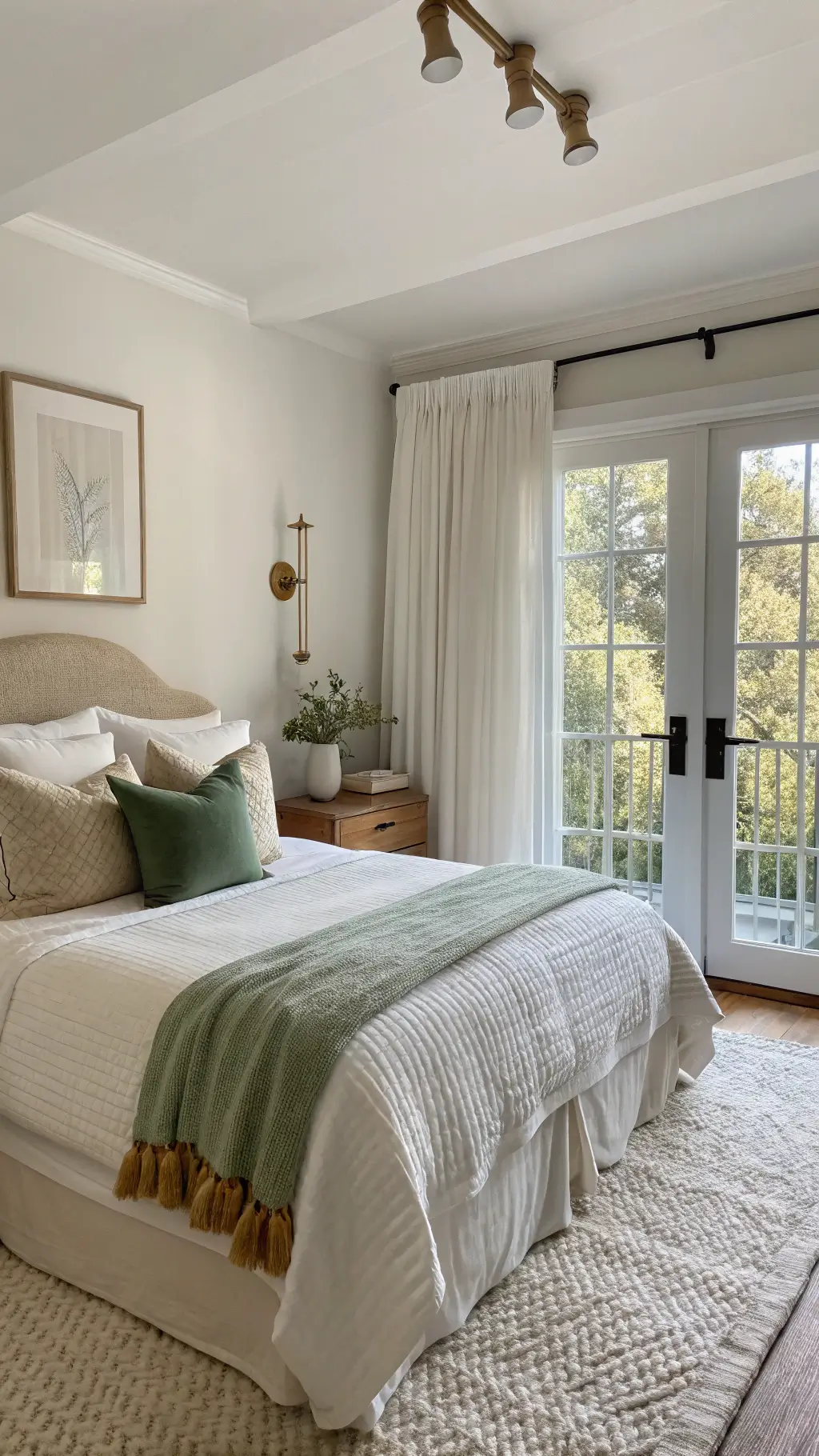 A serene bedroom with soft morning light filtering through sheer white curtains over floor-to-ceiling windows. A king-size bed with layered white and beige linens, a chunky knit throw, and sage green velvet pillows is centered against an ivory grasscloth accent wall. Vintage brass sconces flank minimalist oak nightstands, casting gentle shadows that highlight the room's textures.