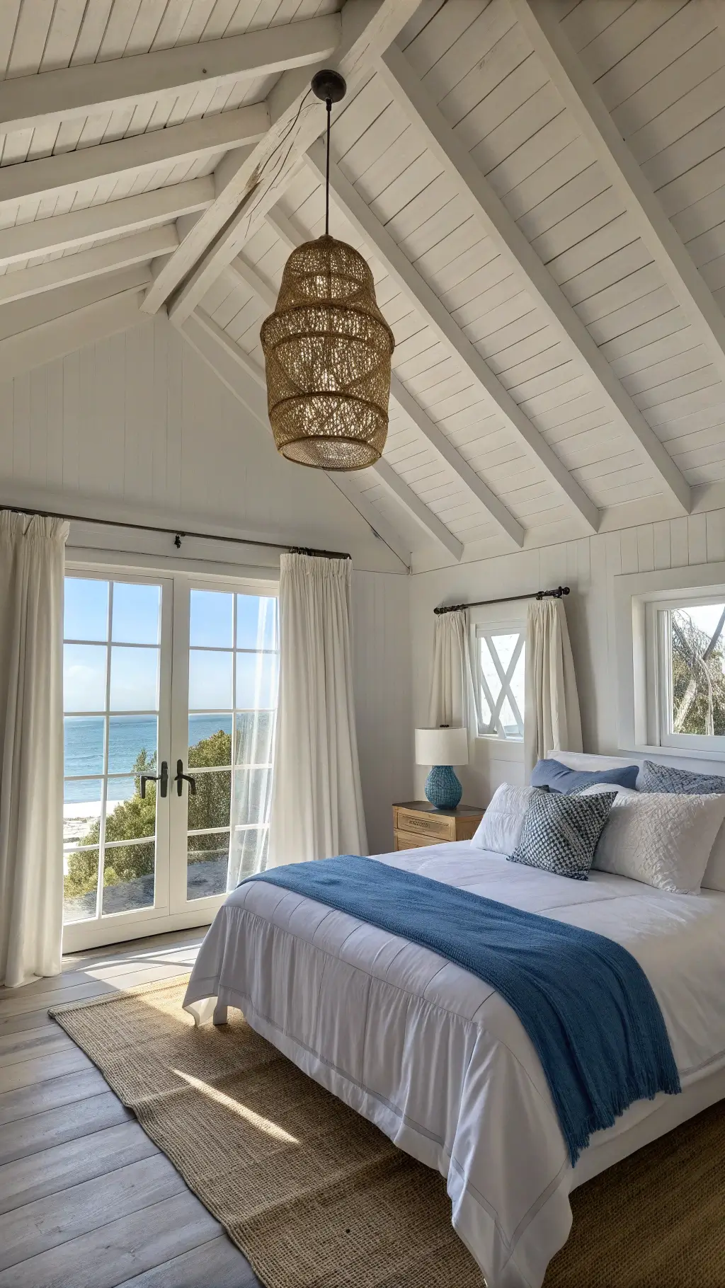 Bright coastal bedroom with vaulted ceiling, white beams, and rattan pendant light. Corner windows with gauzy white curtains filter sunlight. Queen bed with white duvet, blue throw pillows, and beige accents. Low-angle shot emphasizing airy space and serene seaside ambiance.