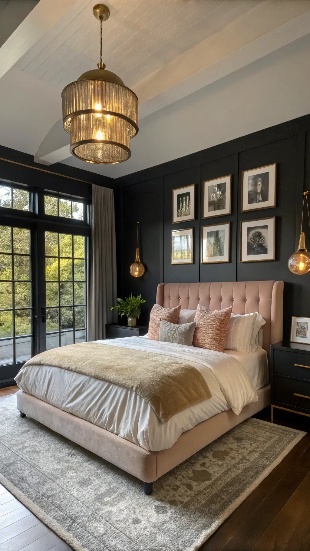 Modern primary bedroom with charcoal accent wall, floor-to-ceiling windows, and a platform bed with cream linens and a blush velvet headboard. Asymmetrical brass pendant lights cast dramatic shadows. A black-framed gallery wall displays family photos. Golden hour lighting enhances the room’s warm, elegant ambiance.