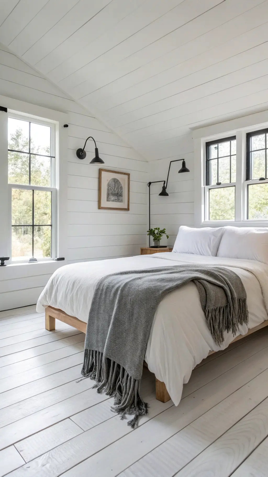 Bright Scandinavian-style bedroom with white floorboards, light wood accents, a simple bed with white linens and a grey wool throw, black metal sconces, and minimal artwork. Soft morning light streams through white-framed windows.