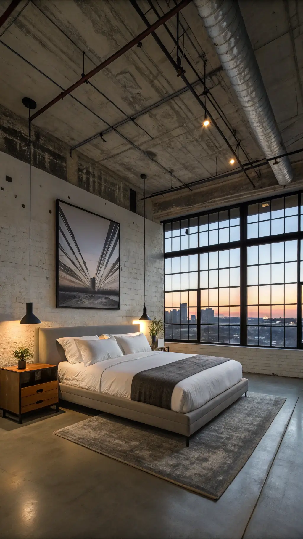 Urban loft bedroom with industrial design, featuring a king bed with crisp white hotel-style bedding, a single oversized abstract artwork, black metal reading lights, and floating nightstands. Large factory windows cast dramatic dusk lighting, highlighting the concrete ceiling and spacious 16x20ft layout. Low-angle view emphasizes height and metropolitan sophistication.