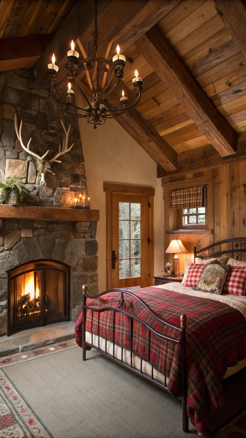 A cozy rustic bedroom with exposed wood beams, a stone fireplace glowing warmly, and an iron bed adorned with plaid wool blankets and leather pillows. An antler chandelier casts soft light, enhancing the cabin’s inviting ambiance during the evening golden hour.