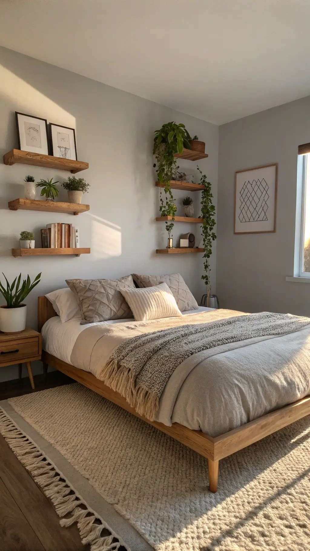 Intimate bedroom corner during golden hour with a modern low-profile bed against light gray walls. White oak floating shelves hold ceramics and trailing plants. Warm sunlight highlights linen bedding, a wool throw, and a jute rug extending beyond the bed. Soft depth captured at f/2.8.
