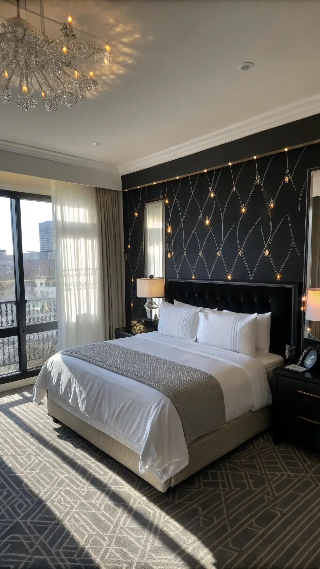 Small boutique hotel-style bedroom with a dramatic black accent wall behind a queen bed in crisp white linens. Soft early afternoon light filters through translucent cellular shades. A large mirror enhances the sense of space, while layered lighting from sconces, hidden LEDs, and delicate string lights adds depth and warmth.