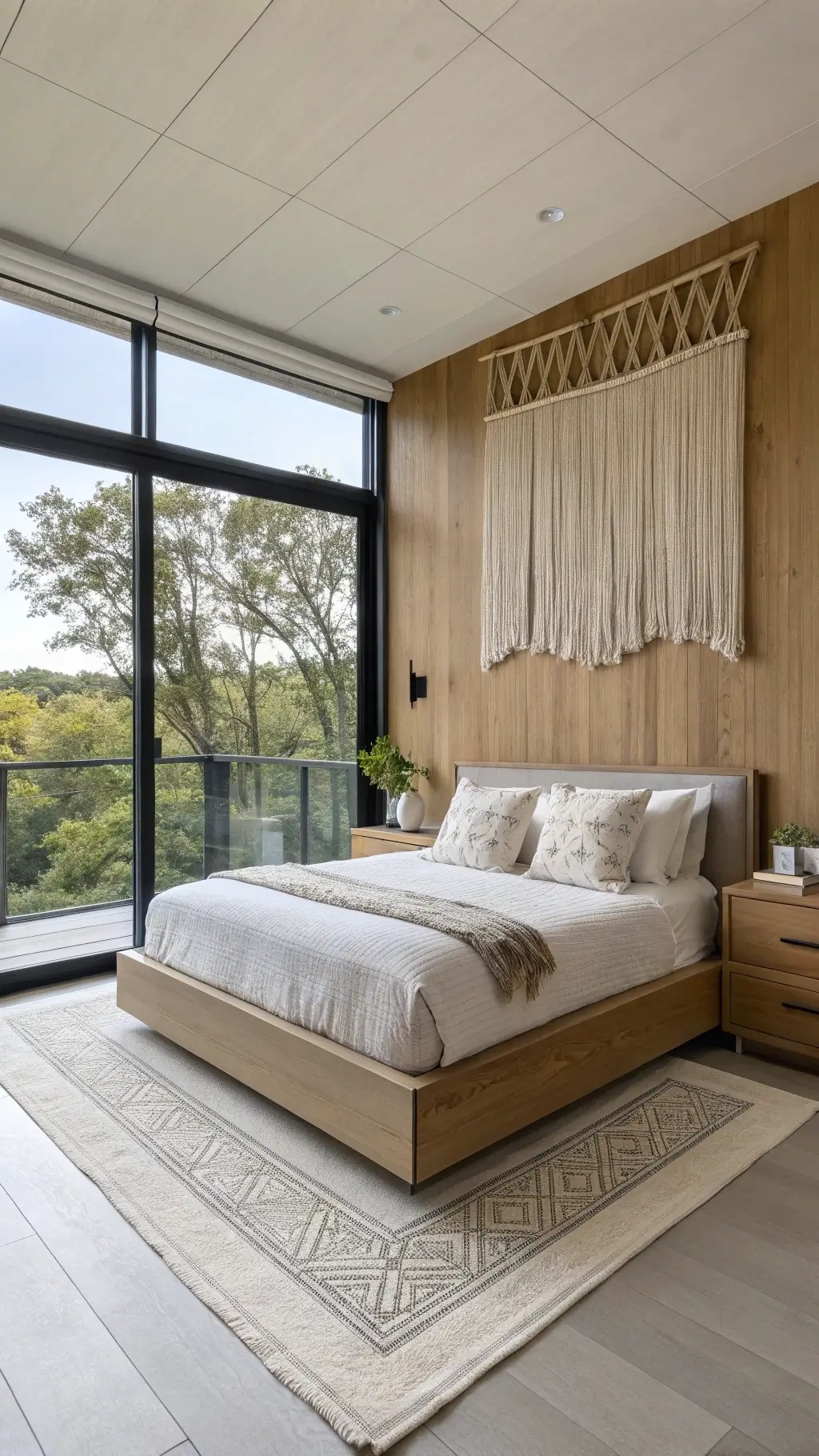 Contemporary bedroom with floor-to-ceiling windows, sheer linen panels, and a platform bed with storage against a light oak accent wall. Macramé wall hanging above headboard adds texture. Minimalist décor with natural light.