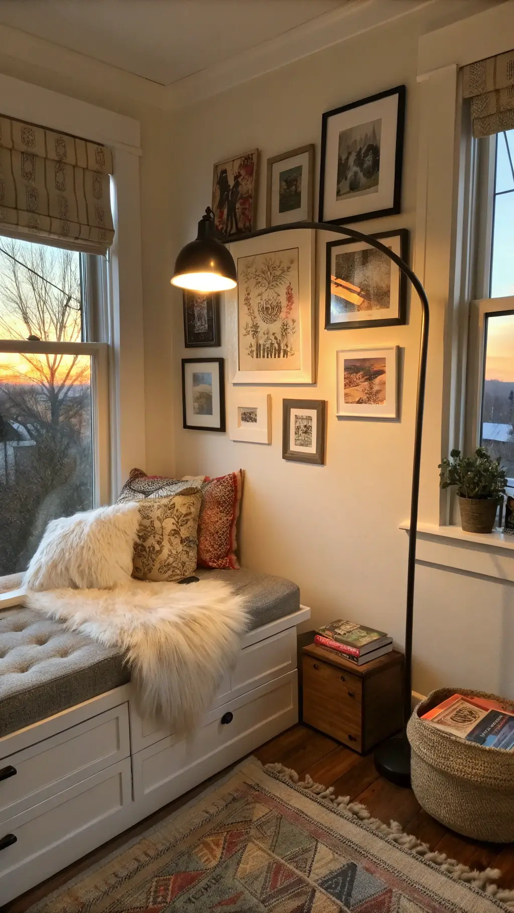 Cozy 9'x11' bedroom at sunset with a reading nook, swing arm lamp, and a multi-functional storage ottoman with a faux fur throw. A gallery wall of vintage art frames adds charm, while a low-angle shot highlights vertical space and a warm, intimate ambiance.
