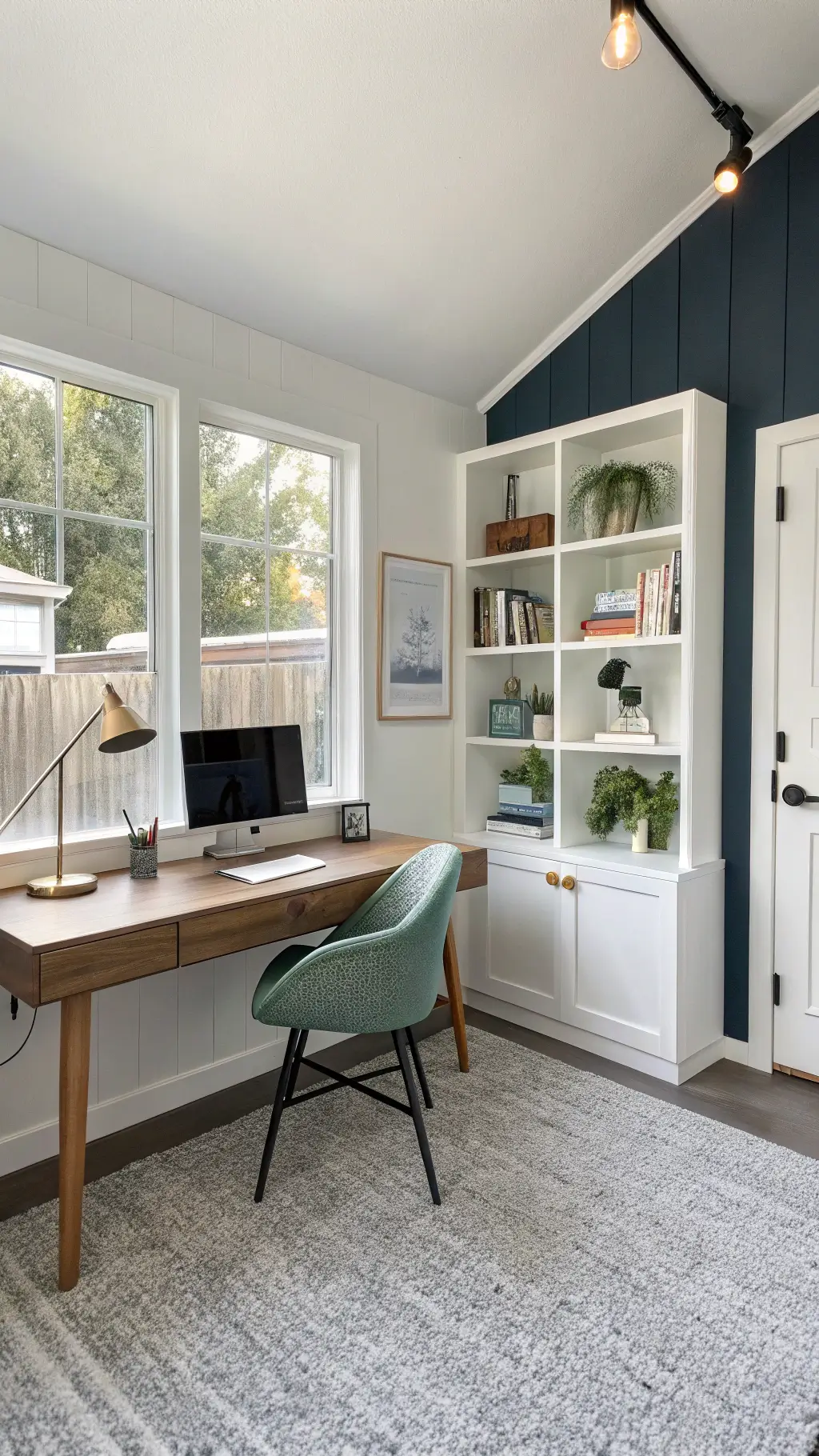 A sunlit home office with a modern walnut desk facing a large west-facing window. A sage green ergonomic chair sits by the desk, with afternoon light illuminating floating white shelves. A built-in white bookcase spans an entire wall. The room features a textured gray carpet, white walls, and a navy accent wall. A brass task lamp, black-framed minimal art, and a fiddle leaf fig in the corner add character. Natural light is complemented by a soft overhead LED panel, creating a serene and professional atmosphere.