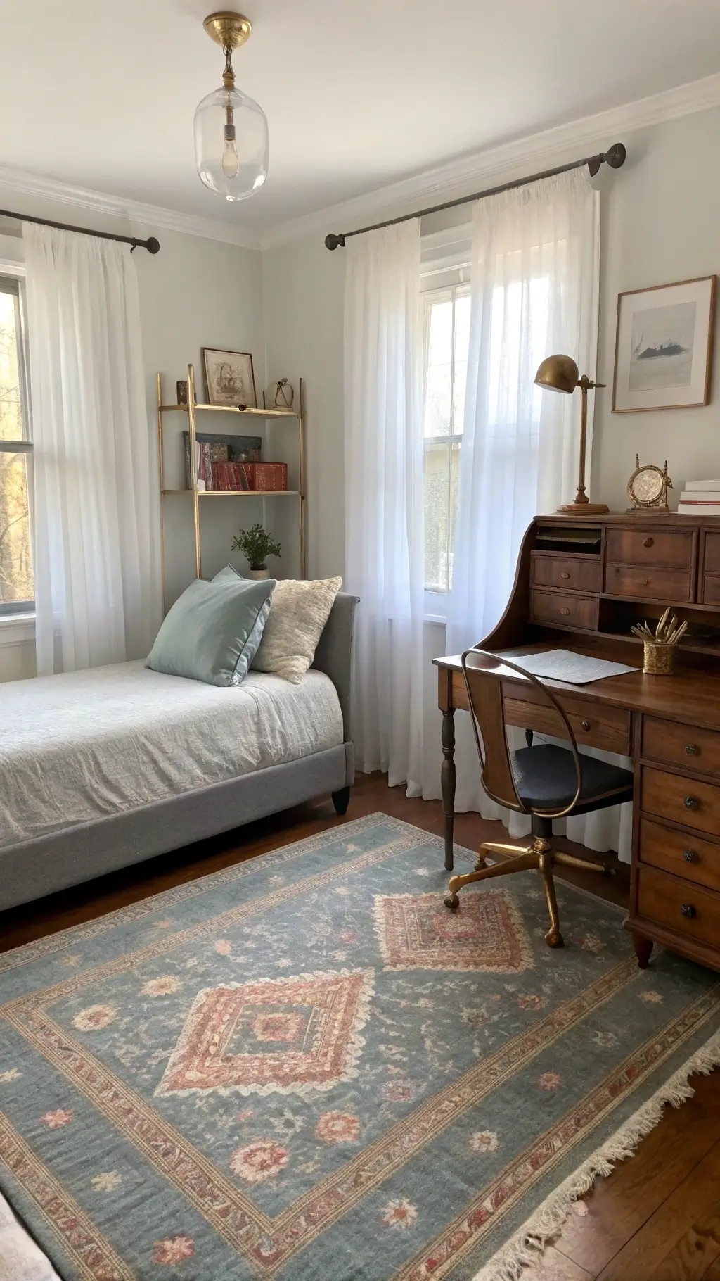 Guest room and office combo in an 11x13 ft space with vintage charm. A dove gray Murphy bed transforms into a compact desk setup. Morning light filters through sheer white curtains. A Persian rug in muted blues and corals covers the floor. Brass sconces flank the bed. An antique secretary desk and leather office chair sit nearby. Built-in cream storage with brass hardware lines the wall. The shot captures the bed-to-desk transformation from a corner angle, with soft diffused lighting creating a welcoming ambiance.