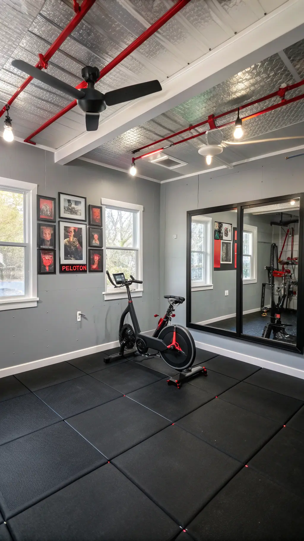 Modern home gym with industrial design in a 15x12ft room. Full-wall mirrors, black rubber flooring, and frosted windows allow morning light. Peloton bike set diagonally, matte black weight rack, and motivational prints in aluminum frames. Cool gray walls with red accents, exposed white-painted ceiling, and high-mounted fans. LED track lighting enhances the energetic atmosphere. Elevated view showcases equipment layout.