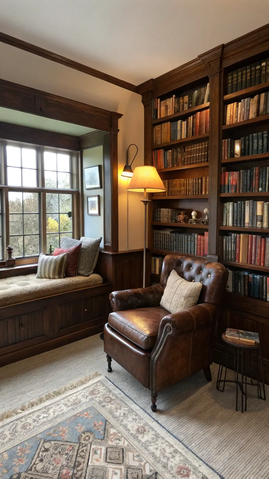 Cozy reading room with dark oak floor-to-ceiling bookshelves, an oversized leather armchair beside a brass floor lamp, and a bay window with a built-in seat and cream cushions. A heathered gray wool carpet and warm ambient lighting from wall sconces create an intimate, scholarly atmosphere. Vintage books and ceramic pottery accents add charm. Afternoon light enhances the inviting nook.