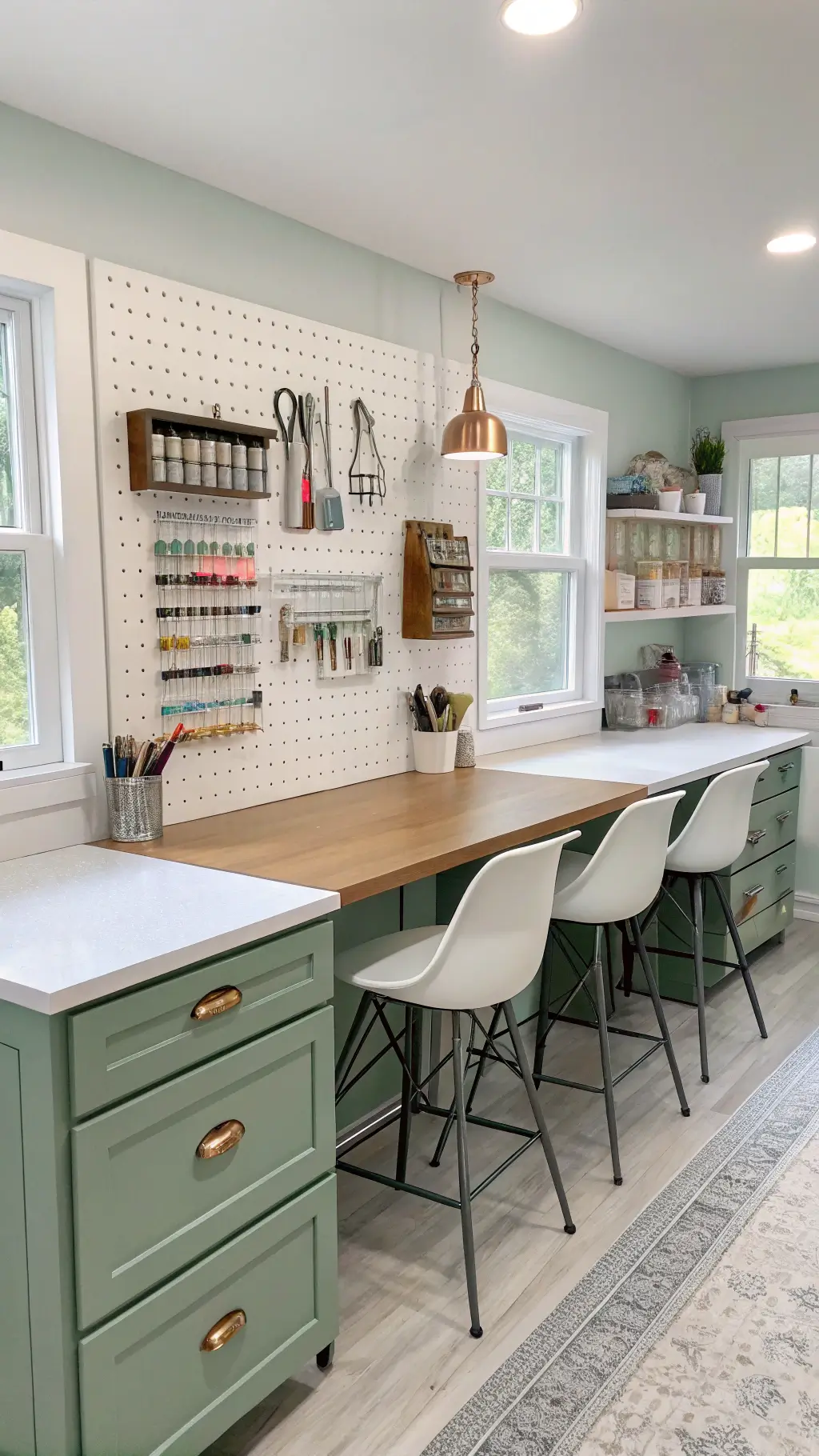 Bright craft room with natural light, 13x14ft, featuring white quartz countertops, sage green custom storage, and a central butcher block island. Ghost chairs and metallic accents complement the space. A white pegboard wall holds copper tools, while clear containers neatly organize supplies. Wide-angle view shows efficient workflow, with ring lights providing task lighting in a clean, creative atmosphere.