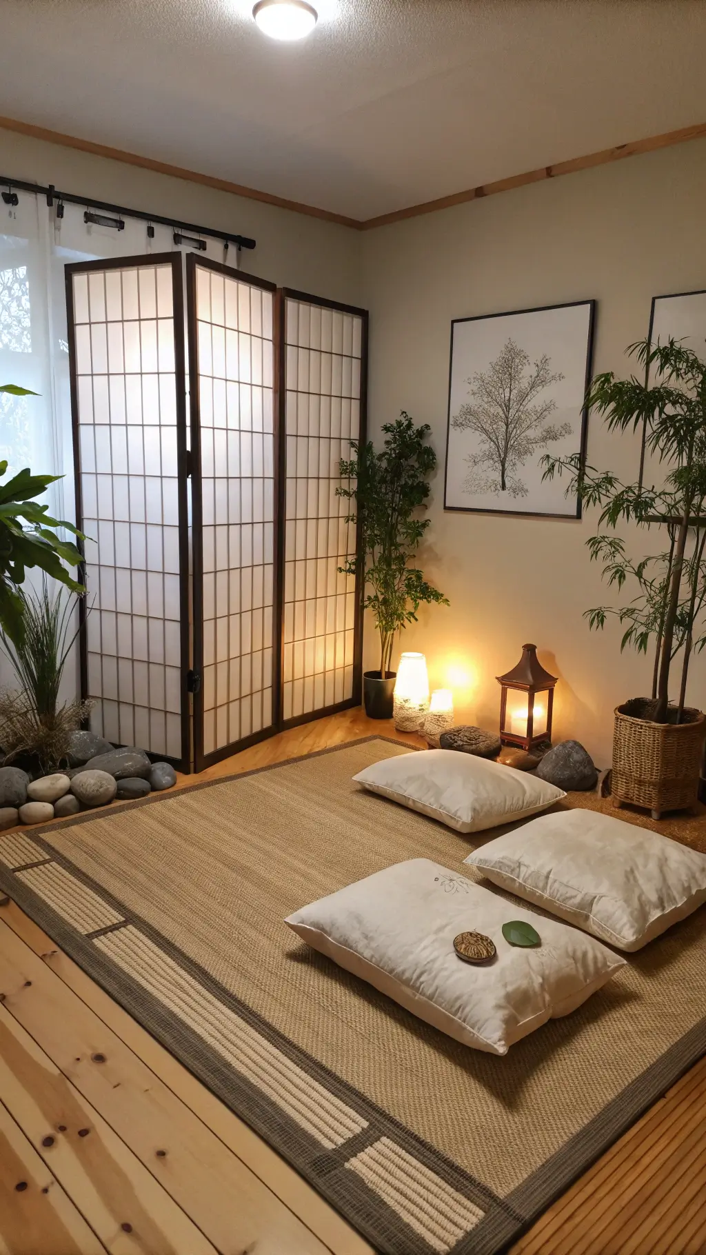 Zen meditation space in a 10x10ft room with bamboo flooring and shoji screens softening the light. A low natural wood platform holds cream meditation cushions. A living wall with cascading plants adds greenery. A Himalayan salt lamp glows beside an essential oil diffuser misting gently. An ivory natural fiber rug grounds the space. Warm dimmable LED lighting enhances the serene, minimal aesthetic. Shot from the corner, showing spatial flow.