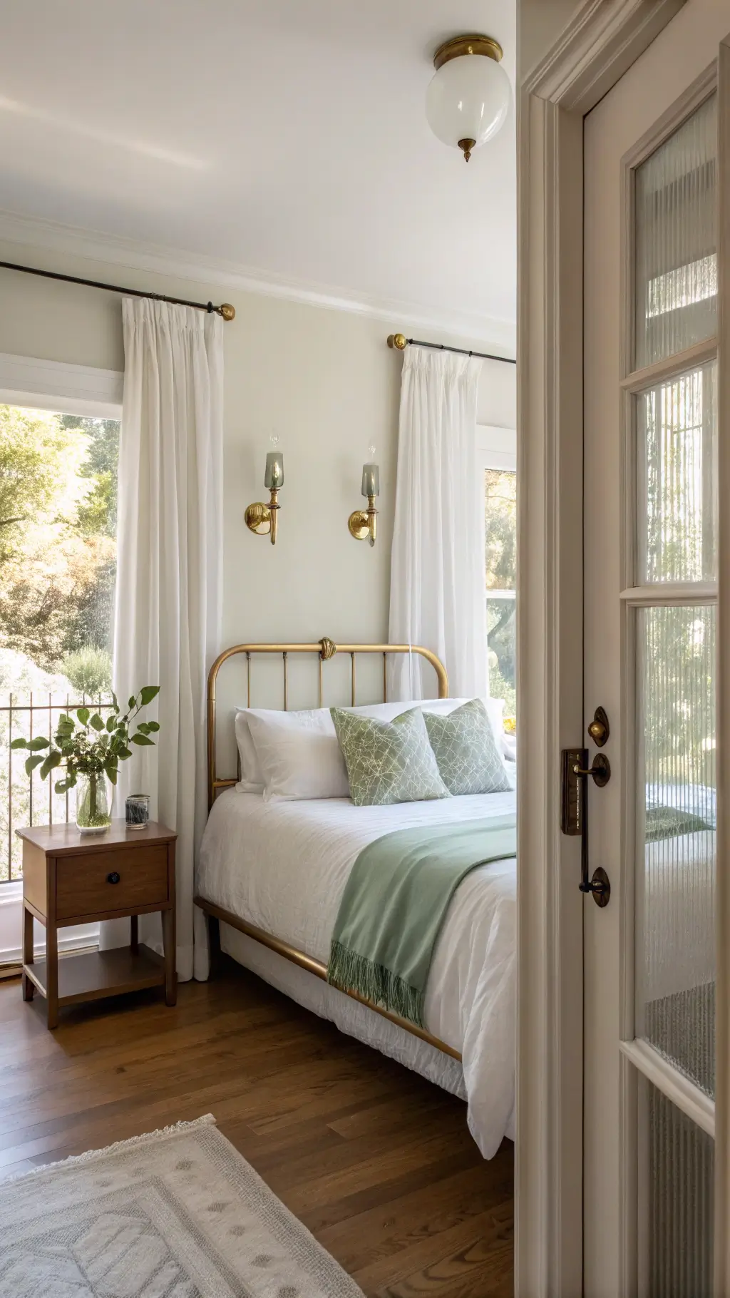 Small guest room with a queen bed in a slim brass frame, dressed in white linens and sage green pillows. Morning light filters through sheer white curtains. Brass sconces flank the bed, with a floating walnut nightstand holding a ceramic vase with eucalyptus. Cream-colored walls and warm oak flooring create an airy, serene atmosphere.