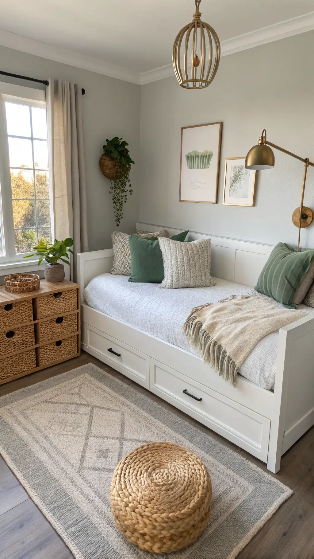 Multifunctional guest space at golden hour with a white-upholstered daybed, sage pillows, and a textured cream throw. A floating bleached oak desk serves as a nightstand. Woven baskets provide storage beneath the bed. A modern brass pendant light casts a warm glow, highlighting the room's clean lines and efficient layout.
