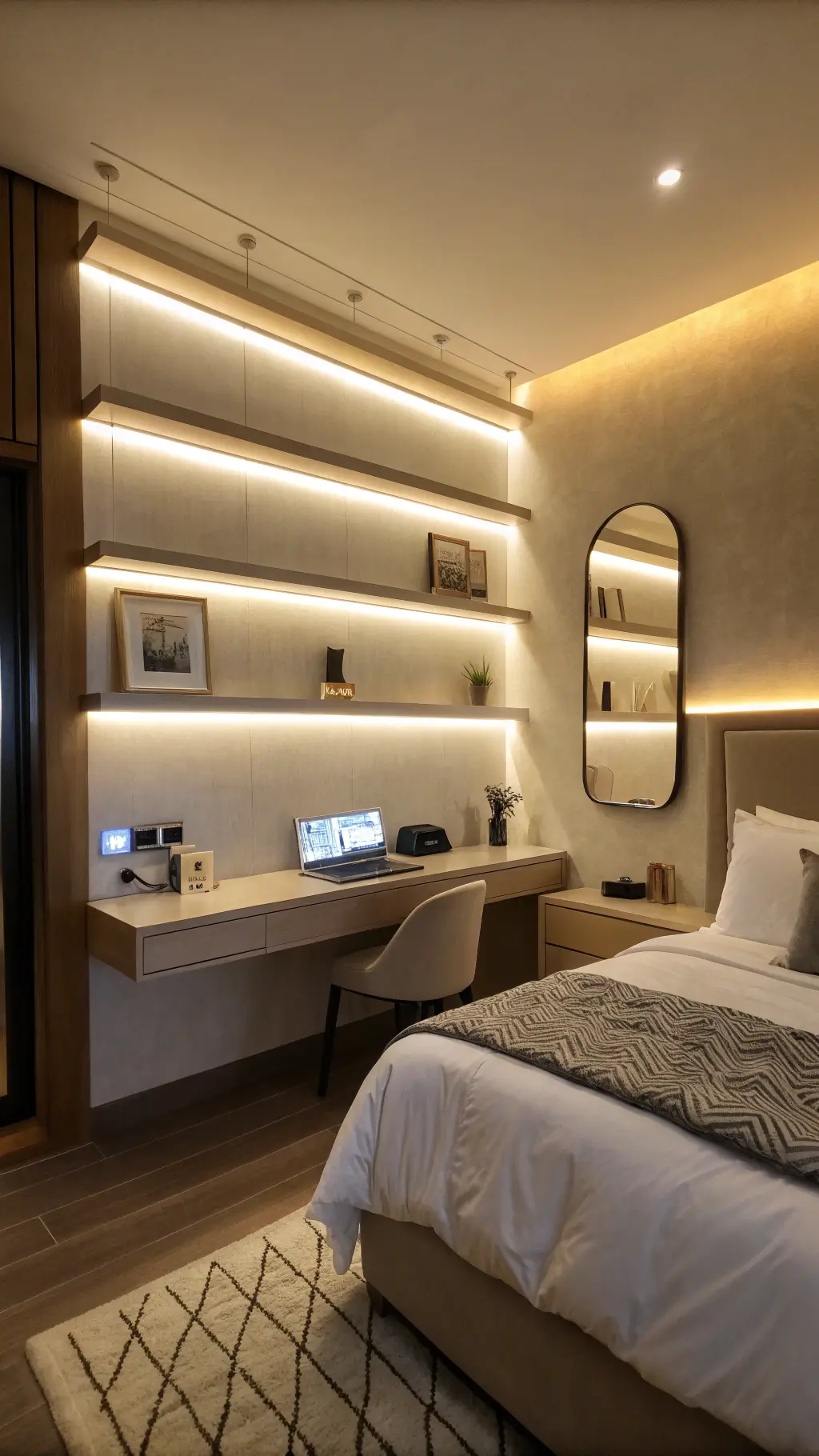 Cozy evening bedroom with soft LED wall lighting, minimalist floating shelves, a small writing desk with task lighting, and a neatly made bed with white linens and a geometric throw. A mirror reflects light, enhancing the sense of space.