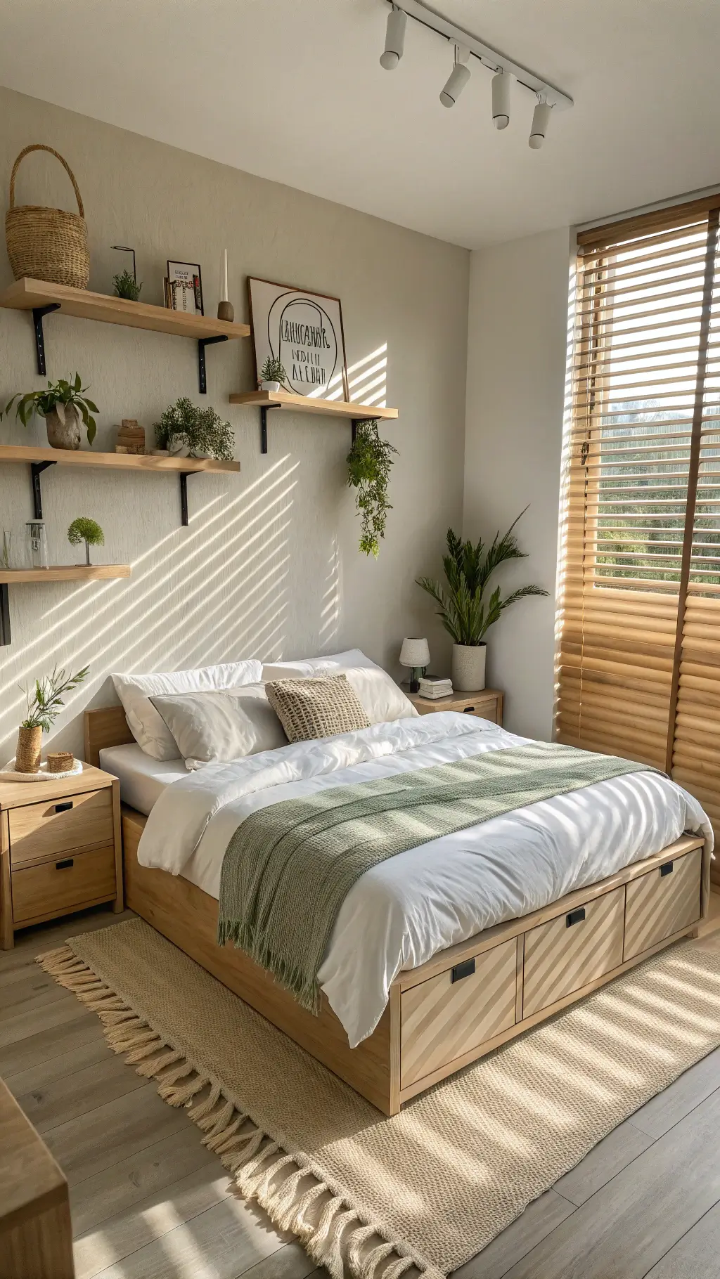 Morning light creates geometric shadows on cream walls through wooden blinds. A queen bed with storage drawers is dressed in a cloud-white duvet with sage and taupe accents. A slim rattan nightstand holds a glass carafe set. Floating shelves display white ceramics and air plants. The wide-angle view captures the full room layout from an elevated position.