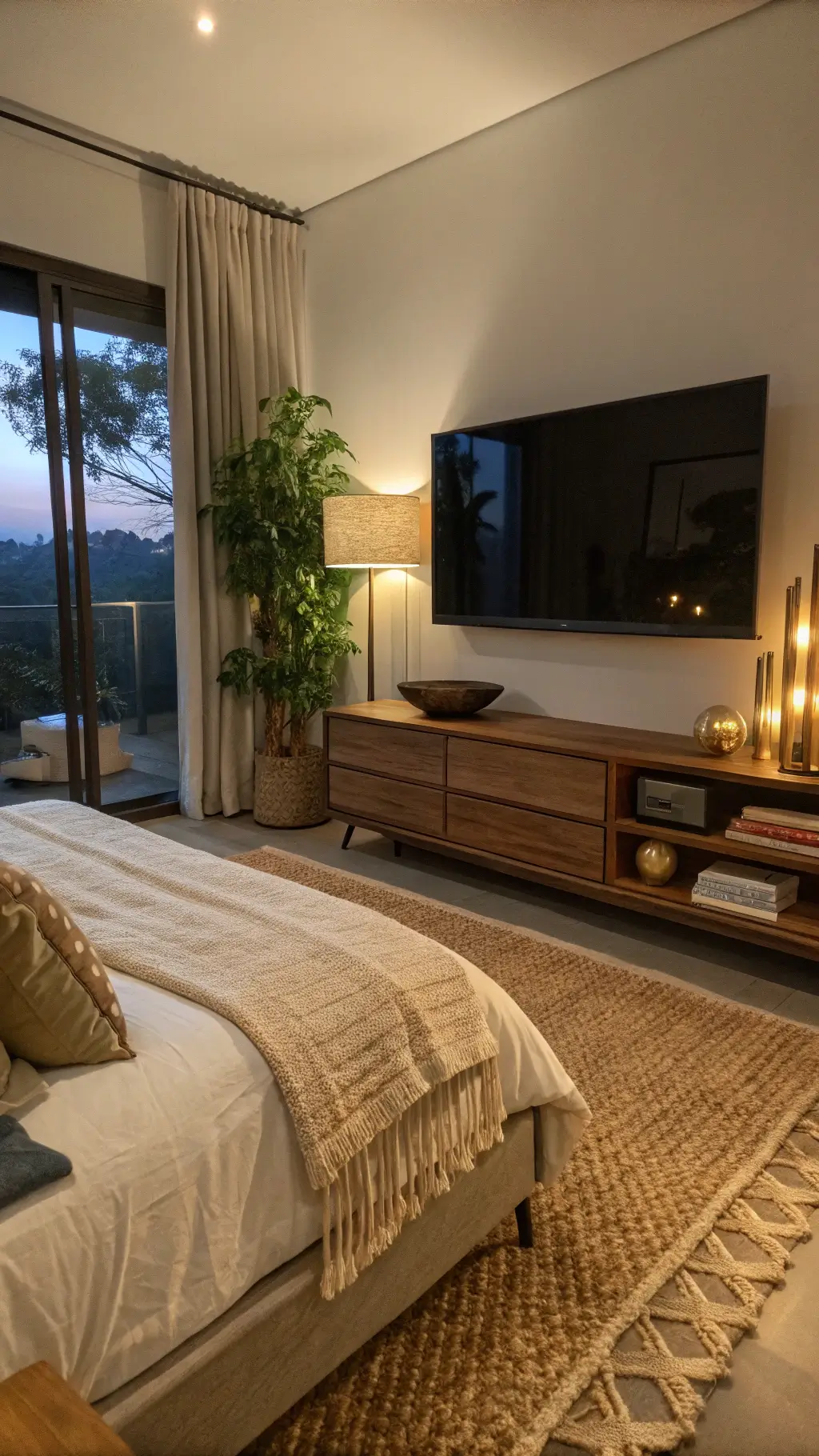 Cozy bedroom at dusk with soft ambient lighting. Wall-mounted TV above a sleek walnut console. Layered ivory and cream linens on the bed. A textured jute rug grounds the space. Brass floor lamp offers warm reading light. Symmetrical design captured straight-on.
