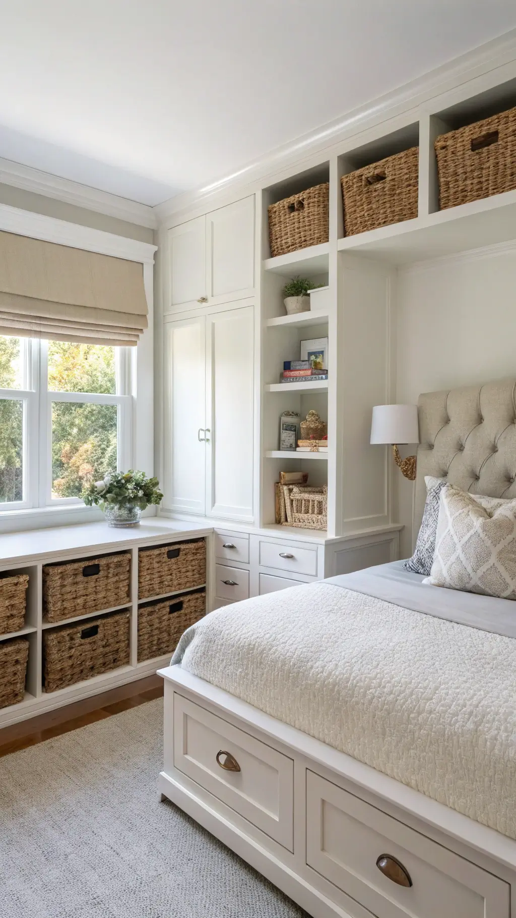 Midday-lit bedroom with custom white built-ins framing a window with a linen roman shade. Queen bed with upholstered headboard and hidden storage. Floating desk with woven baskets underneath enhances organization.