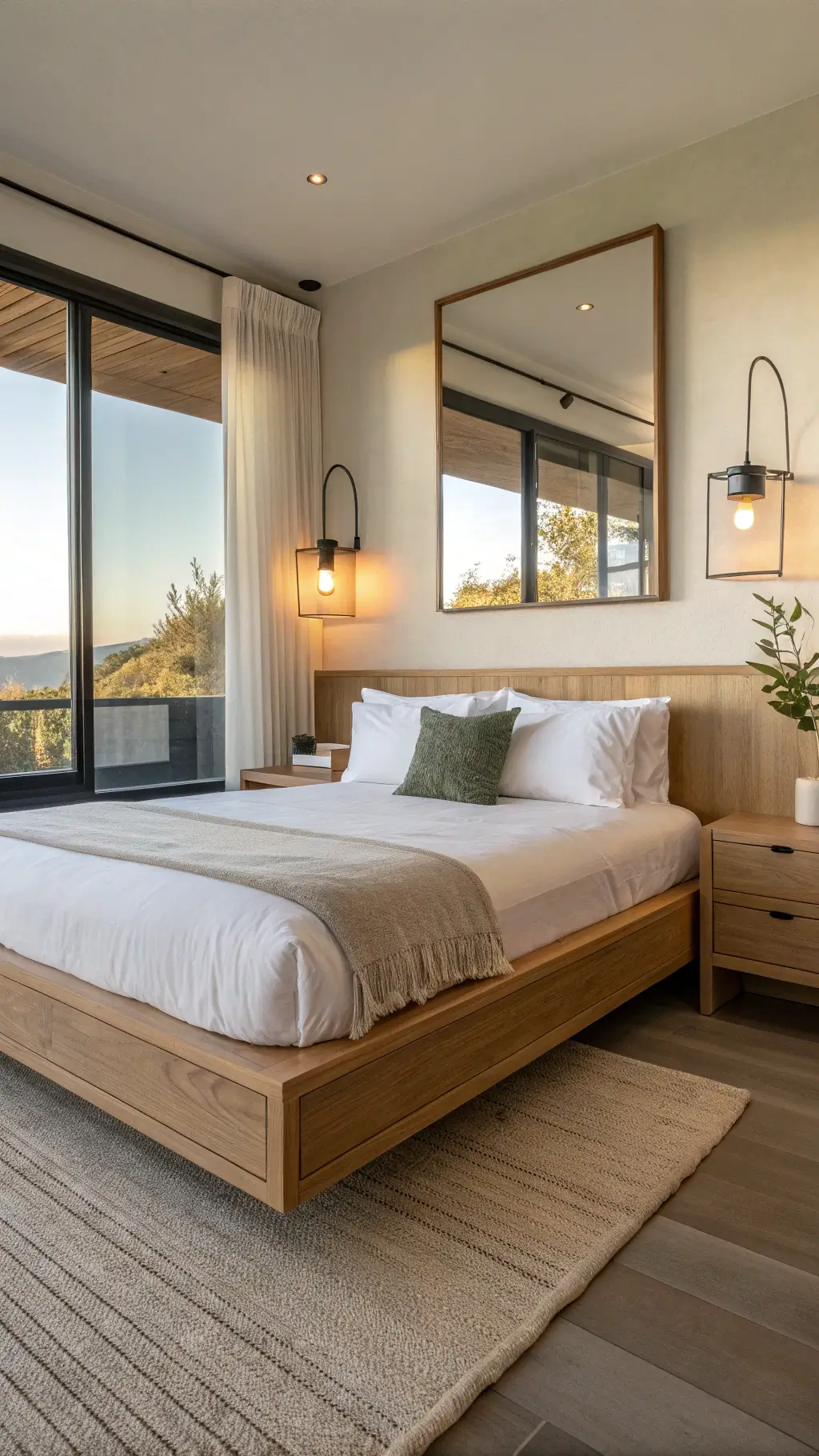 Minimalist guest retreat with a light oak platform bed, integrated nightstands, hotel-white linens, and a sage lumbar pillow. A modern sconce offers reading light, while a large mirror reflects warm late-afternoon natural light. Low-angle shot highlights clean lines.