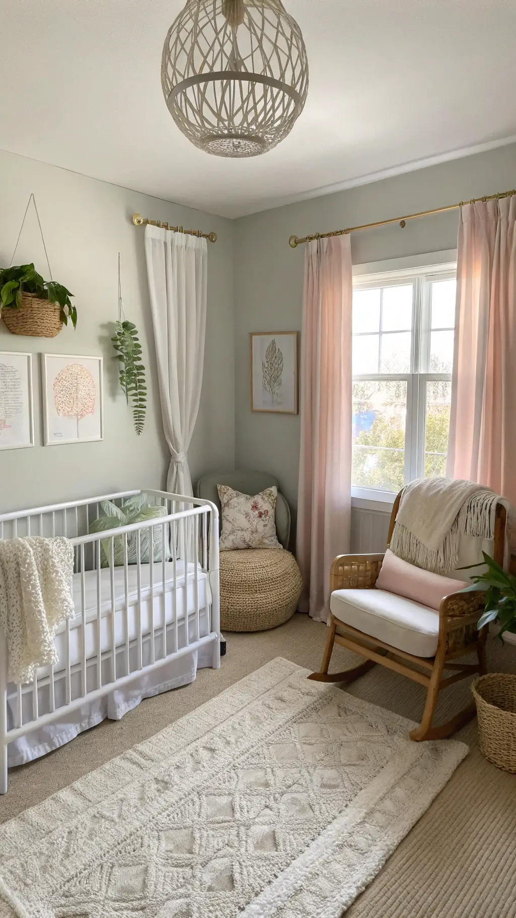 A serene nursery at golden hour with a whitewashed iron crib centered on a light gray wall. Natural light filters through gauzy white and blush pink curtains. A modern acacia wood rocking chair with cream cushions sits angled in the corner. A crystal pendant light casts soft shadows, while a plush ivory wool rug and Scandinavian-style furniture add warmth. Soft sage green accents appear in botanical art prints, complemented by textured layers of knitted blankets, velvet cushions, and woven storage baskets.