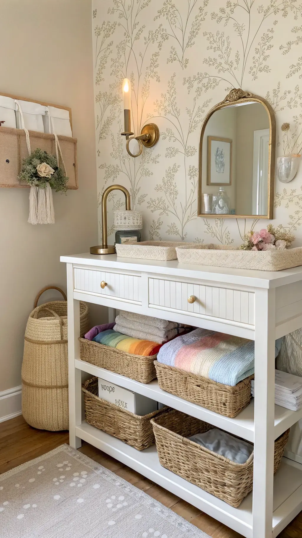 Intimate changing station with white wooden table against pale beige woodland-patterned wallpaper. Brass sconce casts warm light above. Open shelves hold woven seagrass baskets and neatly folded organic linens in muted rainbow tones. A vintage brass mirror reflects natural light, complementing the mix of weathered wood, soft fabrics, and metallic accents.