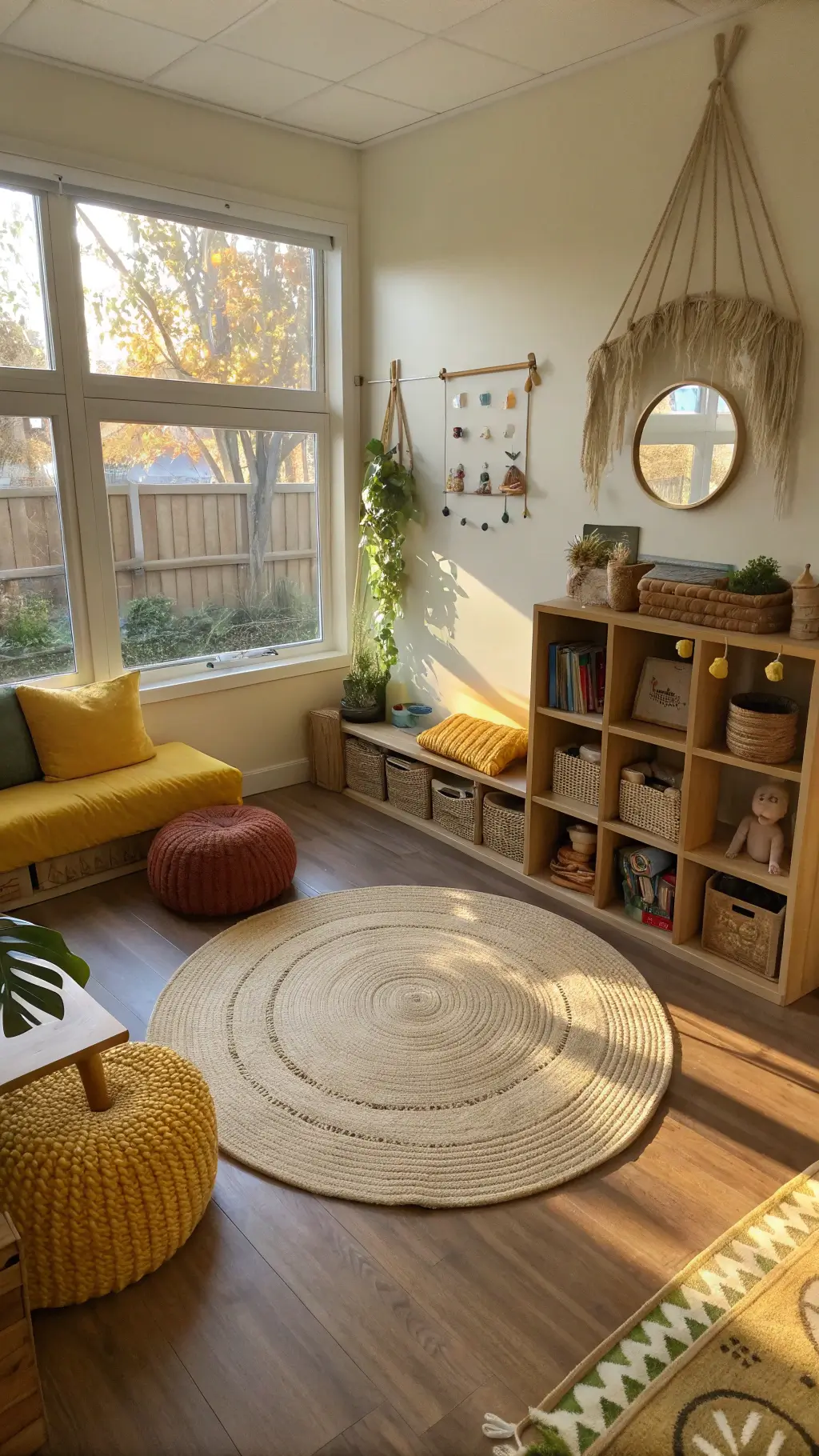 Corner play area with round jute rug, low wooden toy shelves, mustard yellow and terracotta floor cushions, and a toddler-height acrylic mirror. Sunlight streams through floor-to-ceiling windows, highlighting macramé wall hanging and earth-tone decor with pops of sunny yellow and sage green.