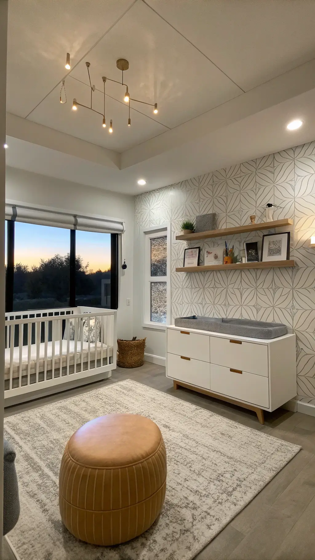 Modern minimalist nursery at dusk with 10ft ceilings, white walls, and subtle geometric wallpaper. A bleached oak platform crib, floating shelves, and hidden storage enhance clean lines. Automated blackout blinds are partially lowered. Cool gray and white tones are warmed by brass lighting and a camel leather ottoman, emphasizing negative space and purposeful styling.