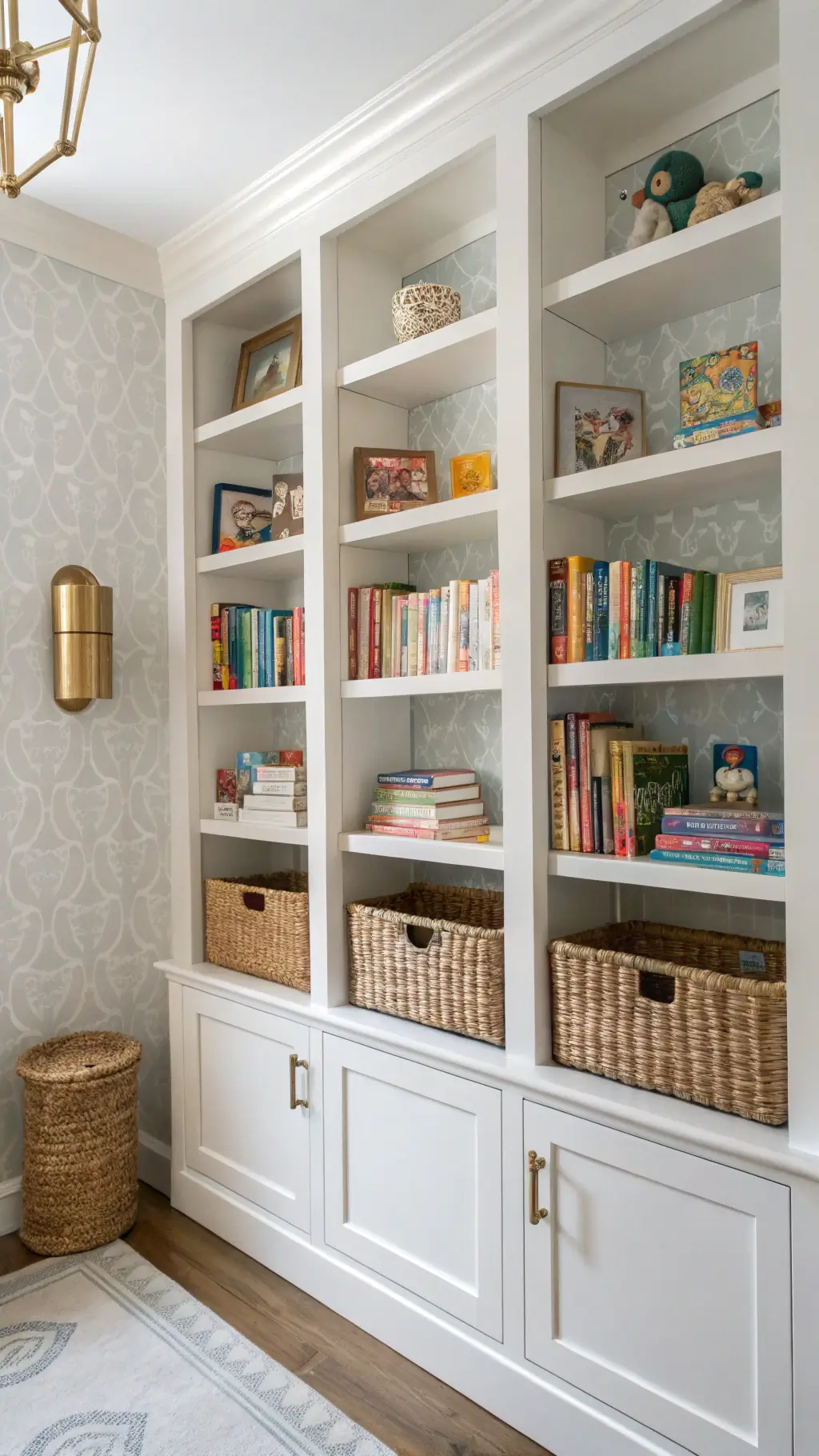 Floor-to-ceiling white built-in shelving on an 8ft wall, styled with woven baskets, color-arranged children's books, and vintage toys. A brass library sconce adds directional light. Textured wallpaper and fabric bins create subtle pattern contrast, with warm wood accents complementing the cool gray and white tones.