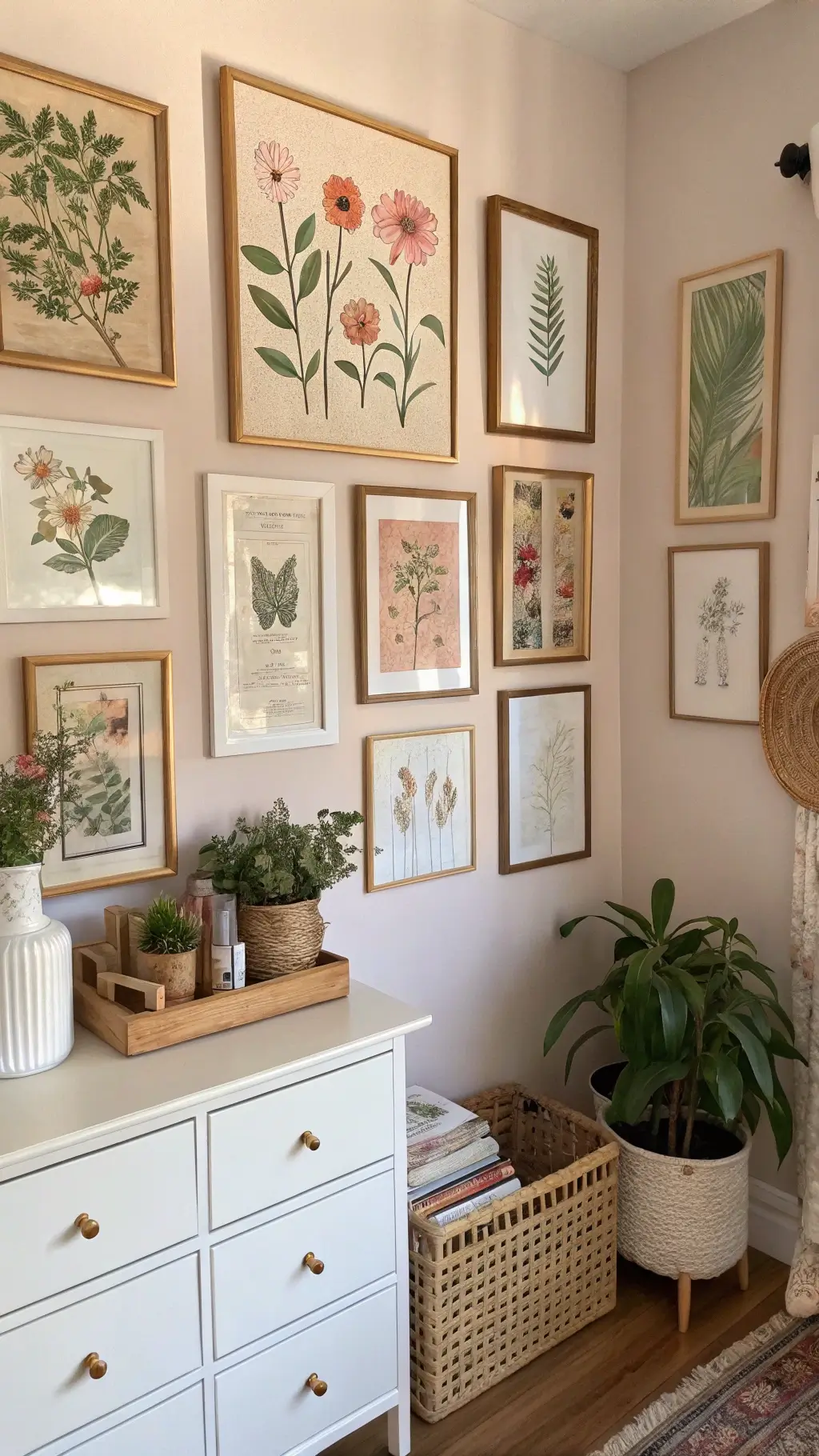 DIY nursery art wall with framed vintage book illustrations, hand-painted botanicals, and fabric art in brass and natural wood frames. Asymmetrically arranged on a pale blush wall with soft late afternoon sunlight. Below, a styled console holds personal mementos and small plants.