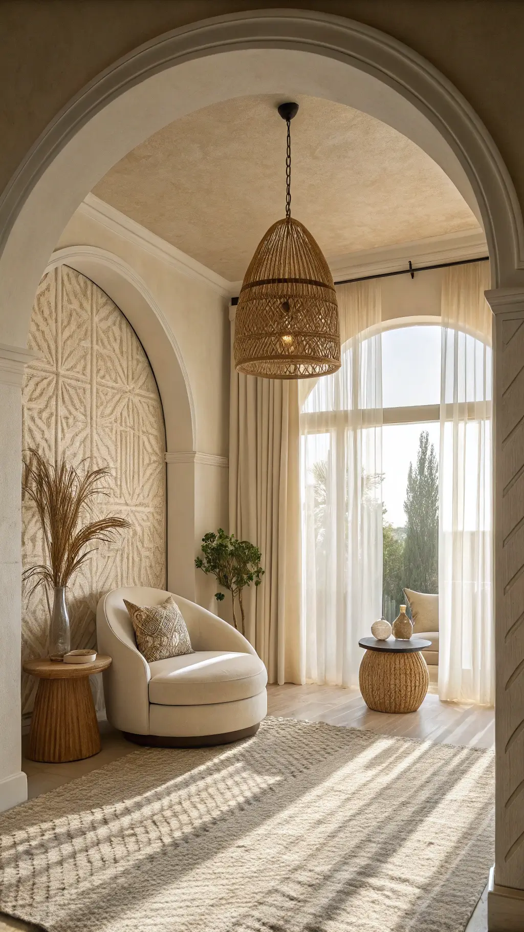 Gender-neutral sanctuary at dawn with warm whites and oatmeal tones. A 12x14ft room features an architectural archway, curved furniture, textural wallpaper, and a woven pendant light. Sheer curtains diffuse morning light, casting soft shadows on organic materials and shapes.