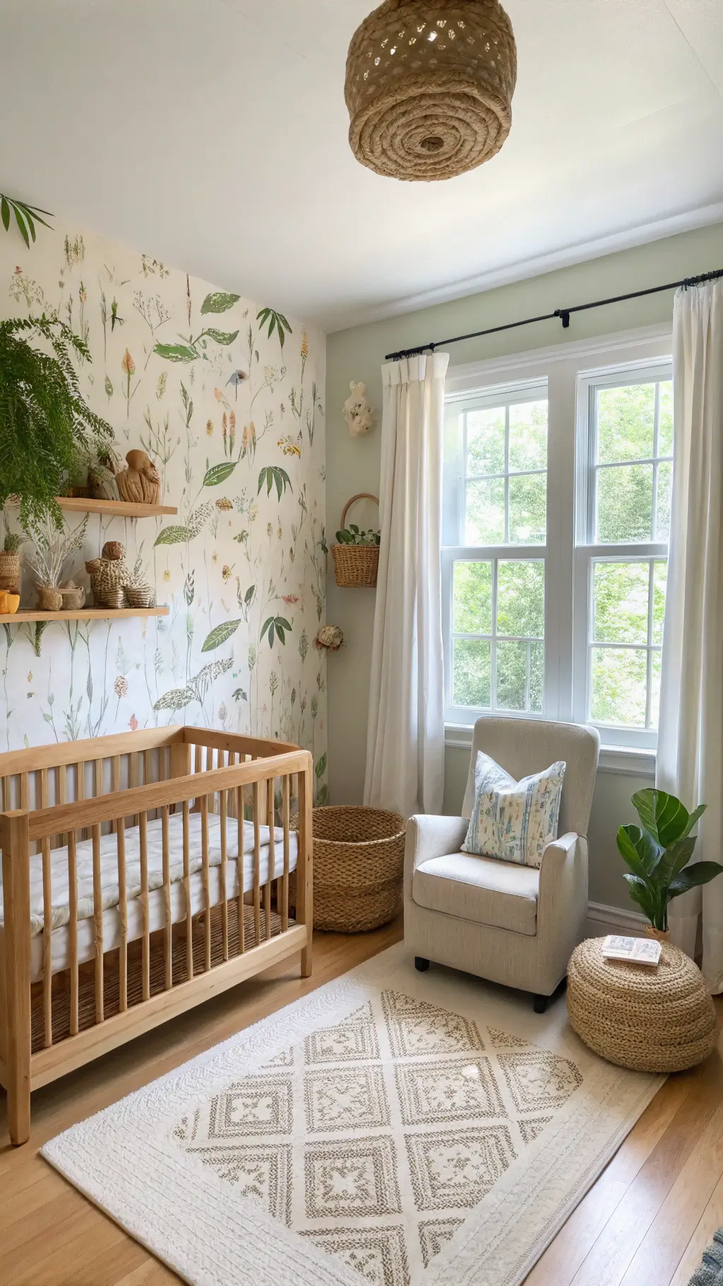 Woodland-themed nursery with a solid oak crib against textured grass-cloth wallpaper featuring forest creatures. A plush oatmeal nursing chair sits beneath a macramé leaf hanging. Floating wood shelves display handcrafted woodland animals. A natural jute rug with leaf motifs anchors the space, with woven baskets for storage. Morning light filters through sheer botanical curtains, creating a warm, airy atmosphere.