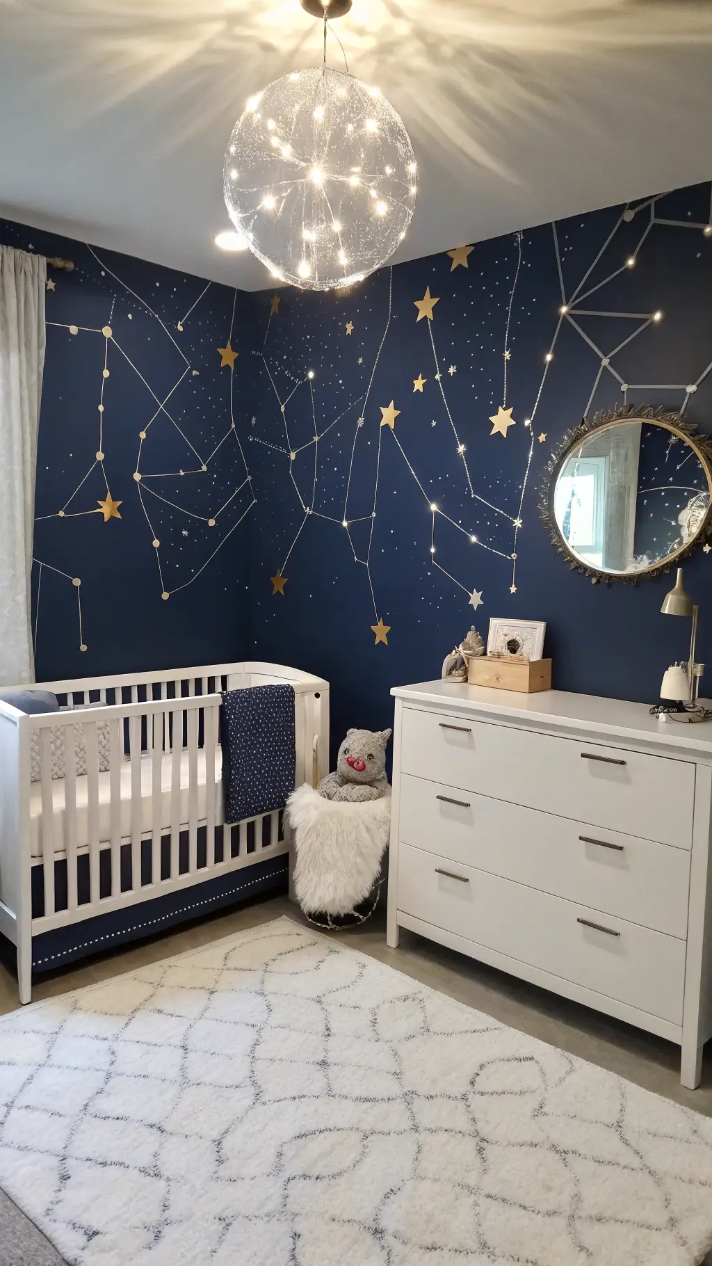 Midnight blue nursery with metallic constellations, starlight pin lights, acrylic crib, geometric chrome planet mobile, plush white carpet, navy velvet glider with silver piping under crescent moon sculpture, and white furniture with brushed silver accents.