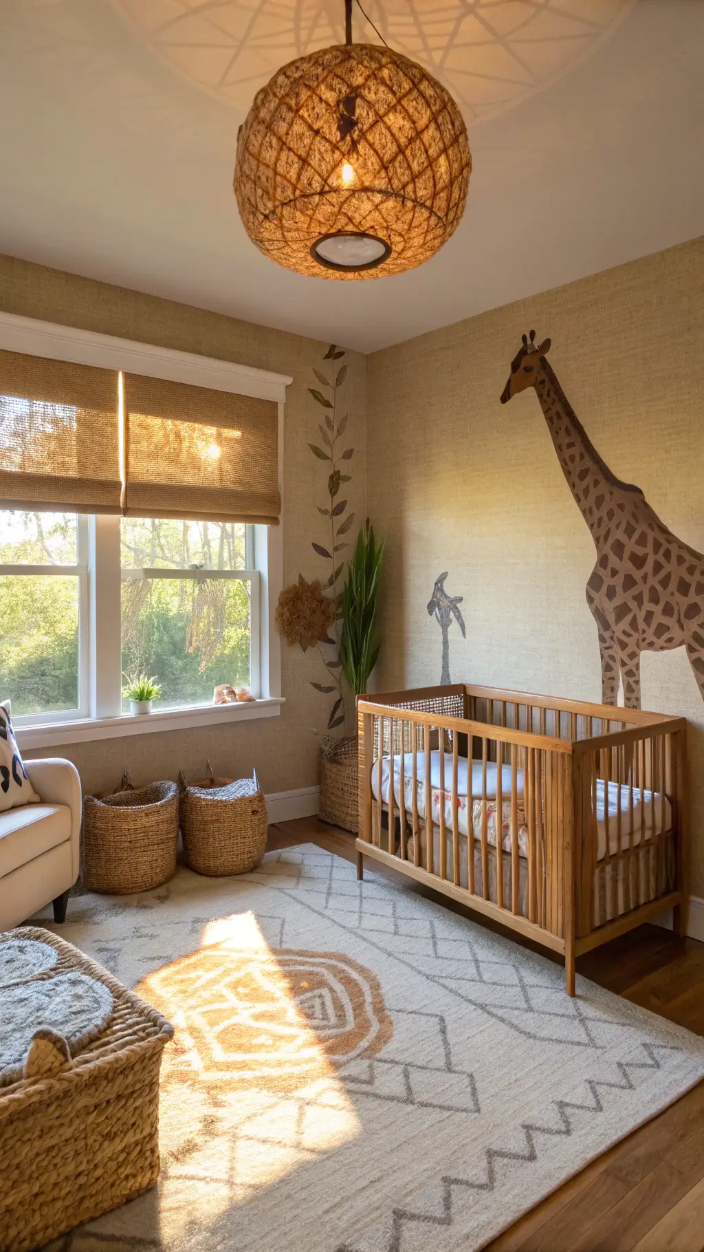 Safari-themed nursery with textured grasscloth walls bathed in golden light. A large giraffe decal stands behind a natural wood crib. Tribal print rugs define the play area, while woven pendant lighting casts subtle animal-shaped shadows. Bamboo blinds filter sunlight, and rattan and African woven baskets add authenticity. Warm earth tones and subtle animal prints complete the savanna-inspired design.