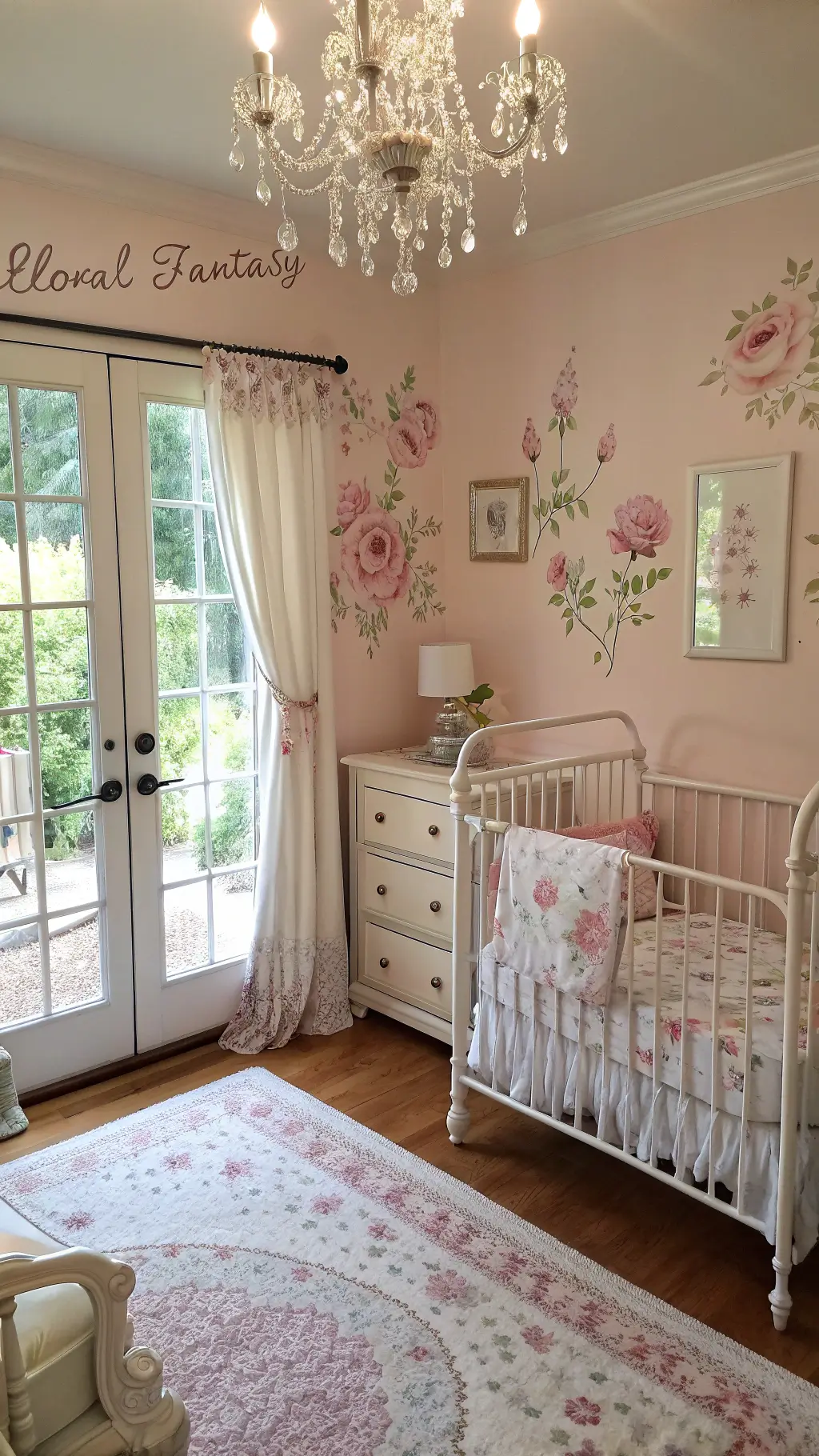 Floral-themed nursery with blush pink walls, hand-painted flower murals, and vintage-inspired iron crib with floral bedding. Crystal chandelier casts prismatic light. Shabby-chic dresser holds antique silver frames. Gauzy embroidered curtains billow near French doors opening to a sunlit garden. Soft pink Persian rug anchors the romantic space.