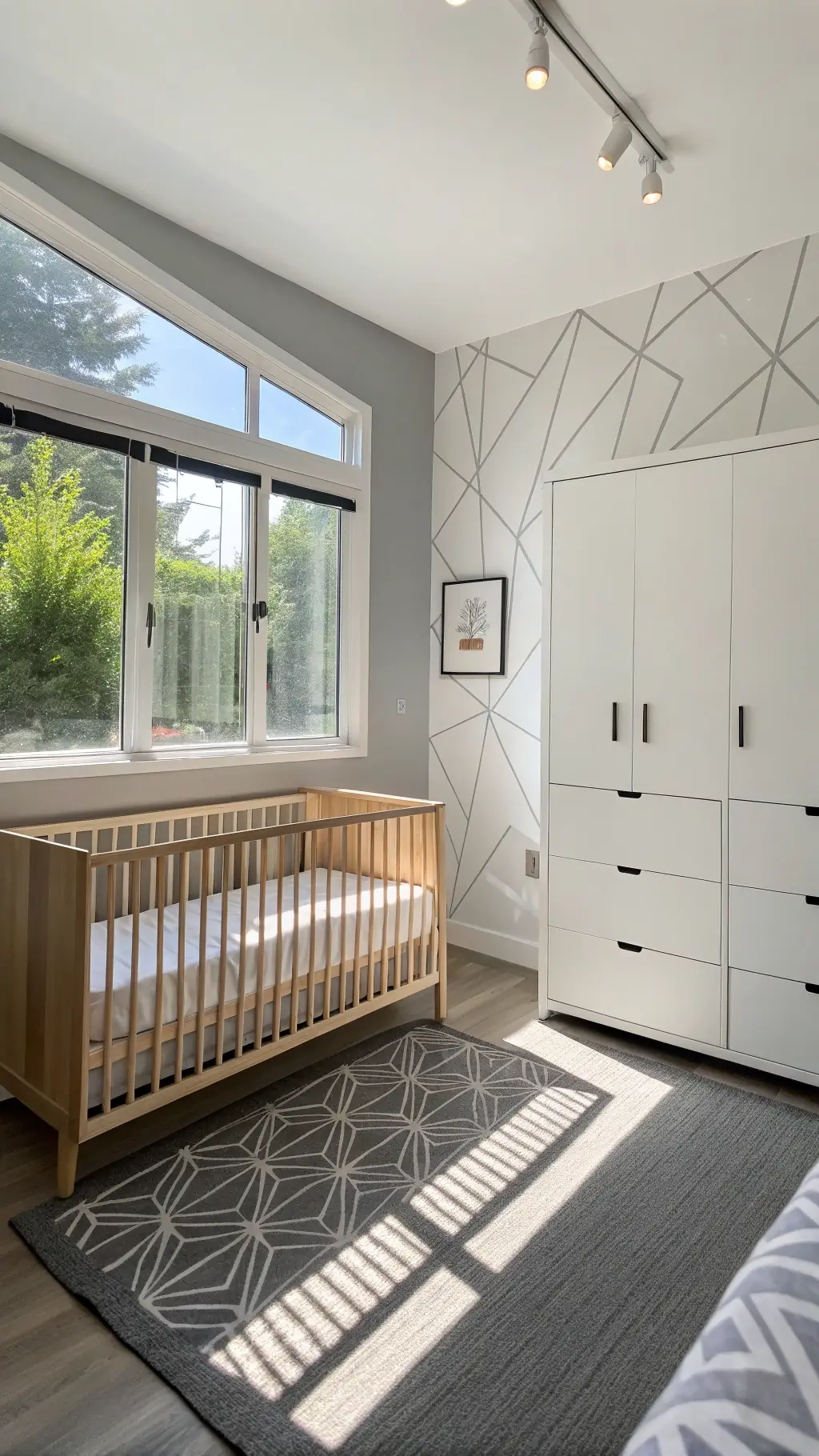 Modern minimalist nursery with floor-to-ceiling windows, white walls, and geometric decals. Light wood crib centered on a grey accent wall. Sleek white storage units with hidden hardware. Matte black mobile casts shadows. Monochromatic grey rug adds texture. Pure white bedding with grey piping. Symmetrical, clean design.