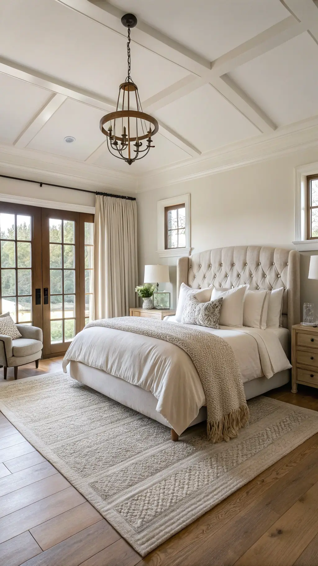 A serene 14x16ft bedroom with a cream upholstered king bed, layered Belgian linen bedding, and weathered oak nightstands. Morning light streams through floor-to-ceiling windows. A chunky ivory wool throw rests on a light gray reading chair in the corner. A natural jute rug lies over hardwood floors, with a vintage brass mirror and black-and-white photography on Swiss Coffee-painted walls.